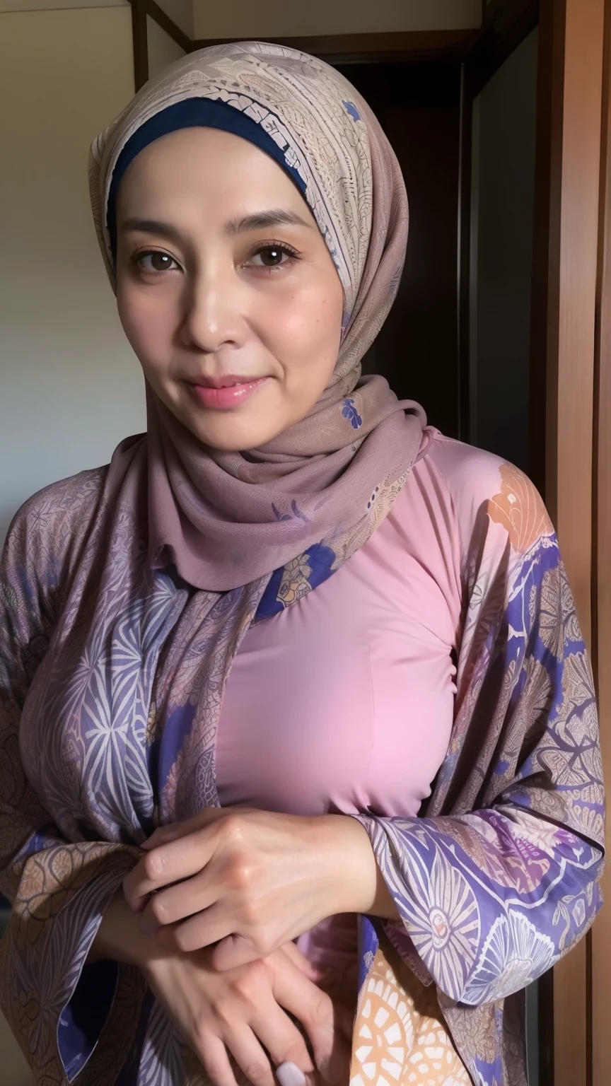 japanese mature, muslim female, wear hijab, ((wear hijab)), (Solo), 50 years old, (Wrinkles at the corners of the eyes:1.2), Large breasts, A MILF, glamor, ((wear batik shirt)), not wearing any skirt, no underwear, naked, pink hairu pussy