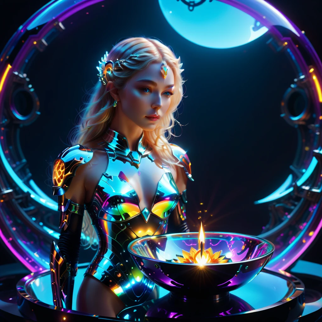 Galadriel, majestic, gazes into a magic bowl, reflection captured, body adorned with silver mirror paint in the artistic vein of John Poppleton, neon luminescent tattoos covering her form, intricate mecha gears aesthetics, Unreal Engine render, broken glass visuals, floating with no discernible background, embodies a mythical entity charged with energy, molecular intricacy, textures resembling iridescent, luminescent neon, with the caliber of 8k artistic photography. High Resolution, High Quality, Masterpiece. best quality, masterpiece, super detail