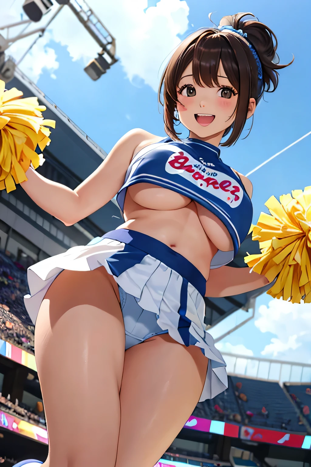 highest quality、High resolution、detailed background、cute girl、brown hair、bob cut、ponytail、(huge breasts:1.2)、perfect body line、big ass、vast sky、jump and fly in the sky、(Cheerleader、I'We're rooting for you、sexy cheer costume)、White floral embroidered panties、White floral embroidered bra、emphasize the underboob、I can see the underboob、angle from below、
See here、open your mouth and smile、smile、healthy、healthyふともも、Healthy and beautiful、legs open、panty shot