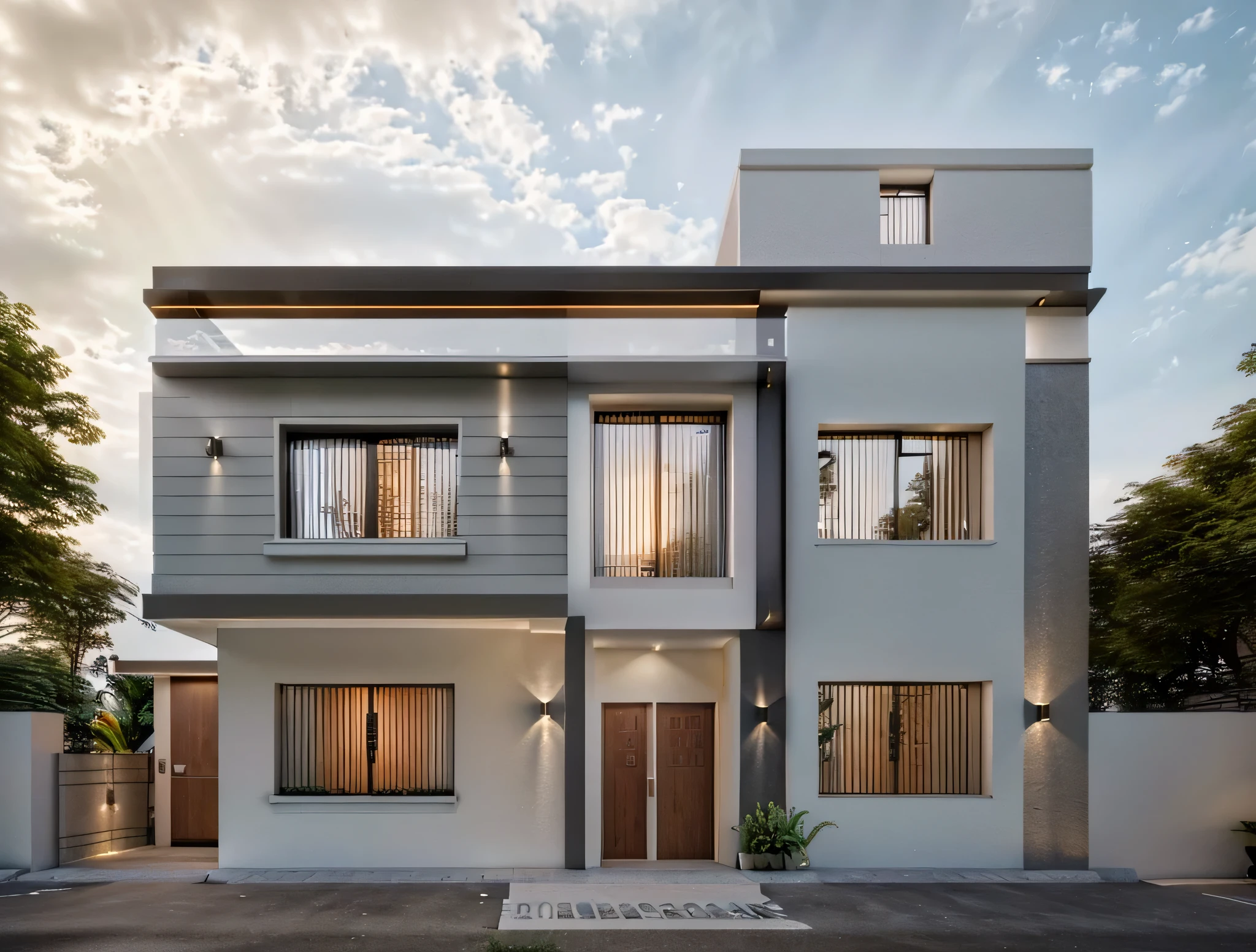 (Townhouse in city ,close houses and trees), (street road) , street landscape, daylight ( best quality) ((high solution)) ,(( photo realistic)) ,warm light, (sharp focont view of townhouse in style of modern,small house, Narrow area,VietNam,facade, curved arch,beautiful facade,curved windown,narrow and long ,two-storey,mutual colours, soft lighting, warm atmosphere,high Resolution, hyper detailed,4k ,vray render, octane render, hyper realistic, photography expert ,exterior design , professional photography, exterior photography,wide-angle shot , ultra detail , high Resolution , full frame, full body