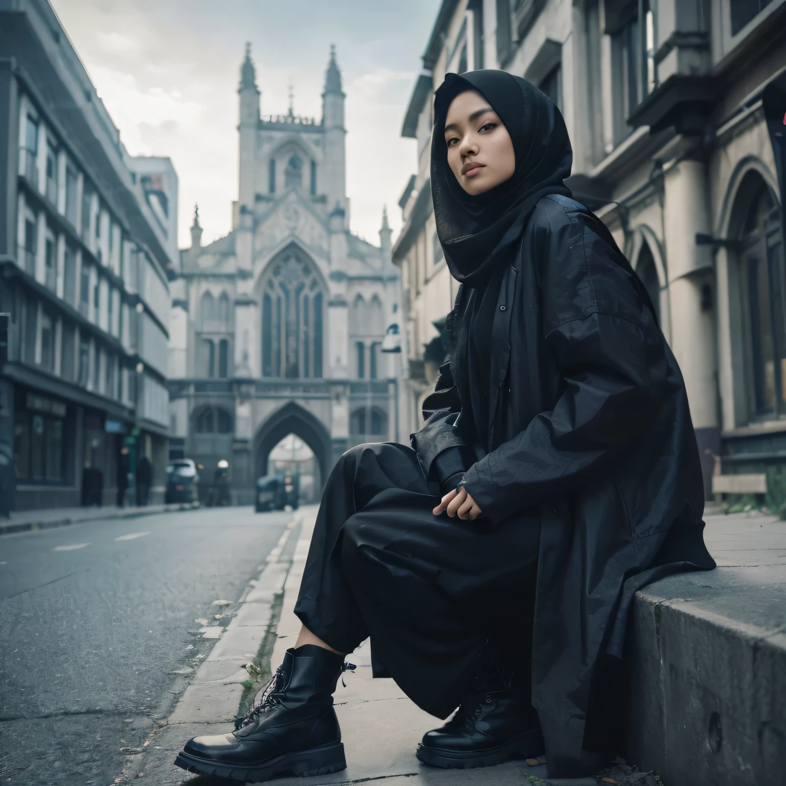 full body, wide picture, cinematic portrait
Asian women with jilbab, wearing
a black jacket and boots, standing on
the side of a quiet city street, a gothic
city behind him, in the afternoon in a
dead city, an uninhabited city, frog angle
shoot,looking sideways at the camera