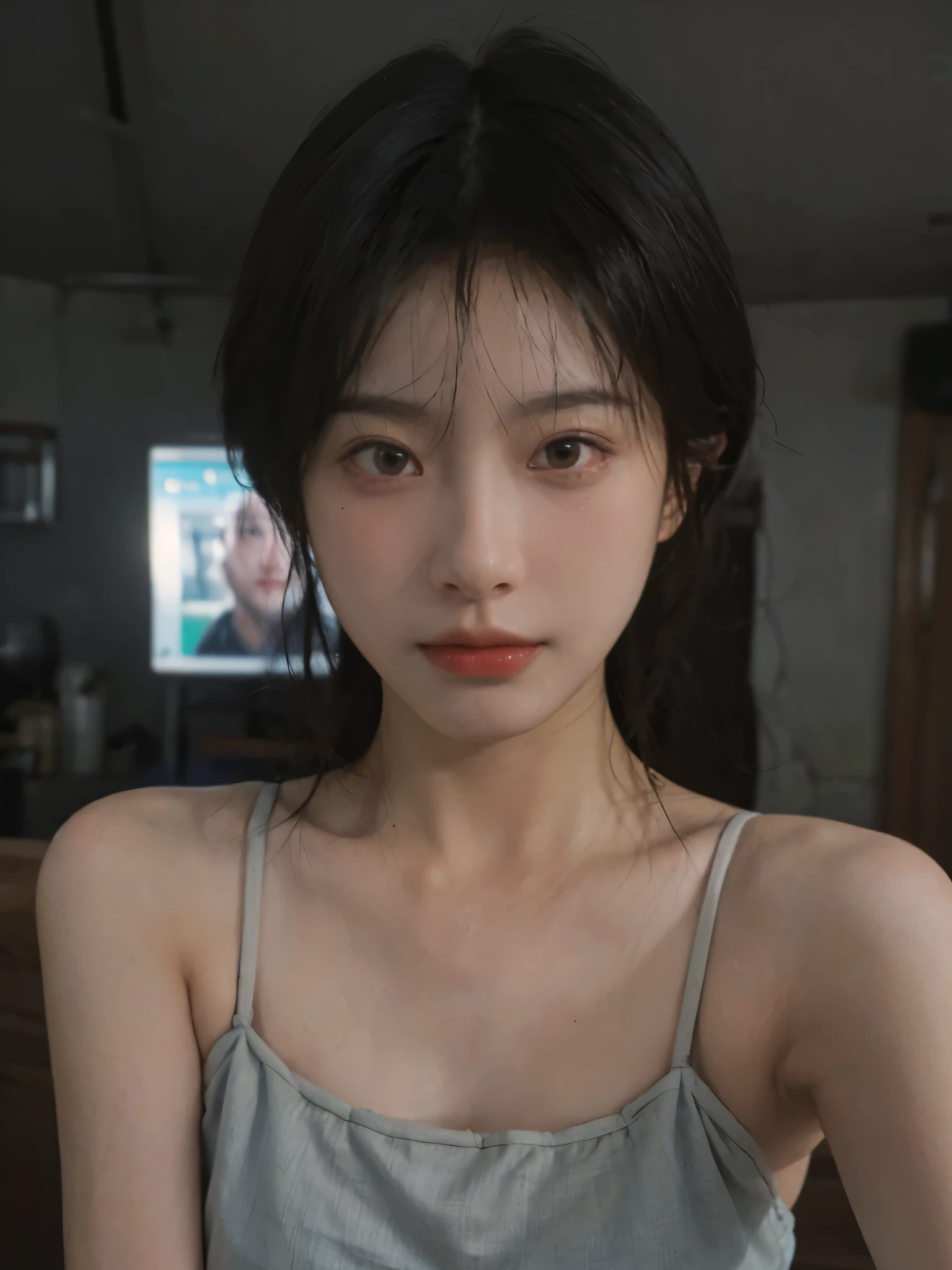 best qualtiy， 超高分辨率， （realisticlying：1.4）， Focus:1.2, perfect figure beautiful woman:1.4 , (Streets at night:1.3), Highly detailed facial and skin texture, A detailed eye, 二重まぶた，Whiten skin，(Air bangs:1.3),(with a round face:1.5),(Thin strap top:1.4)