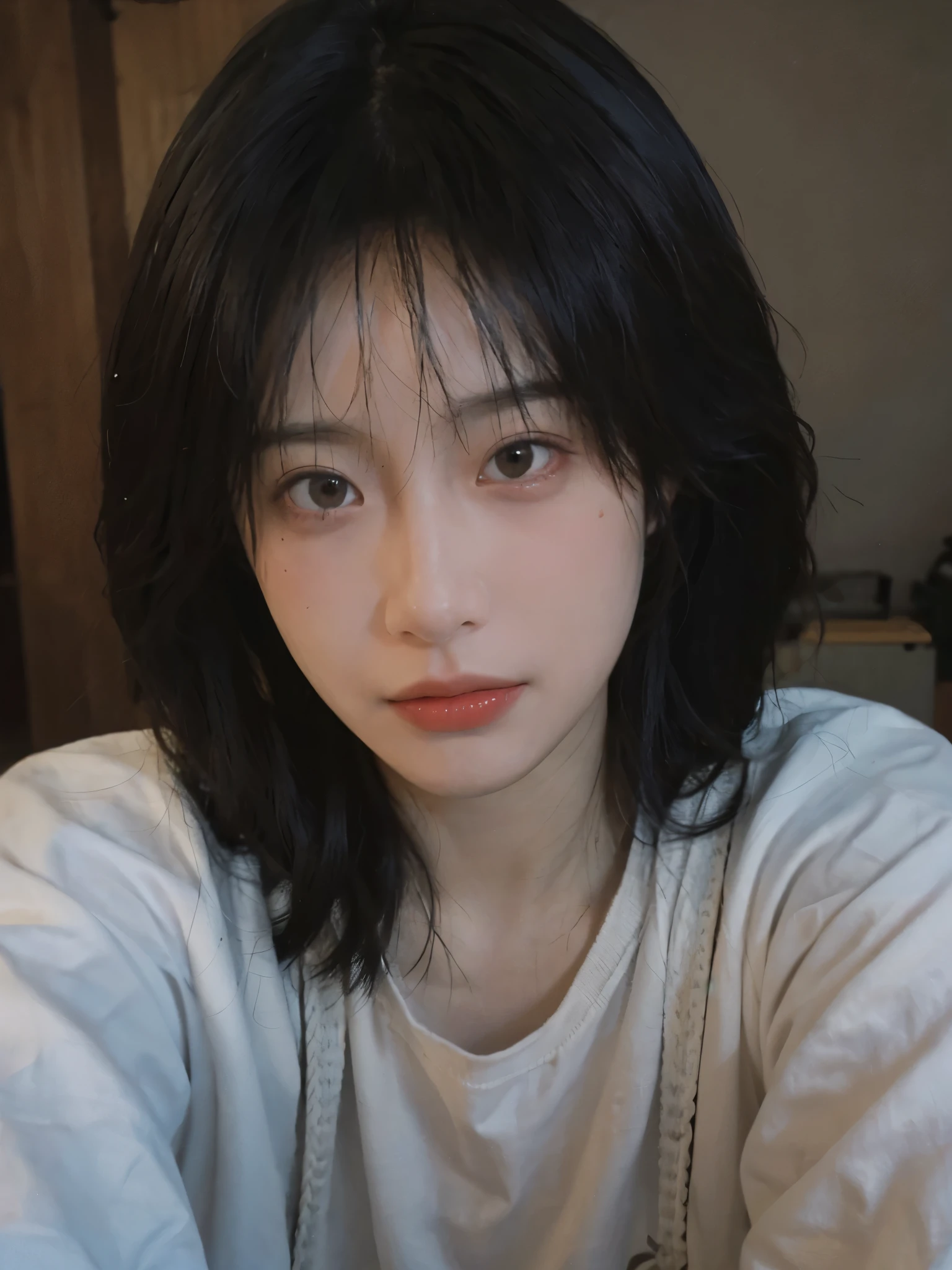 8K, best quality, masterpiece, ultra high resolution, (realism: 1.4), original photo, (Realistic skin texture: 1.3), (film grain: 1.3), (Selfie angle), 1 girl, Beautiful eyes and facial details, masterpiece, best quality, close up, Upper body, looking at the audience