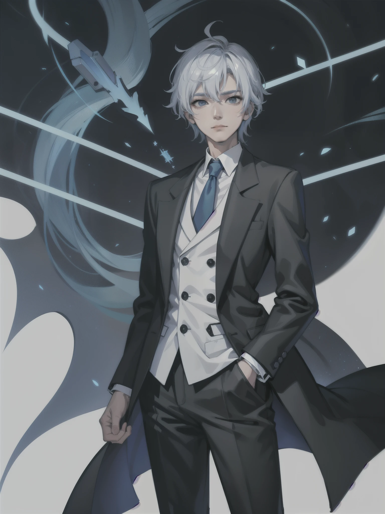 male,middle aged,No expression, Silver-haired and blue-haired, black suit,asymmetry, white pants, white background