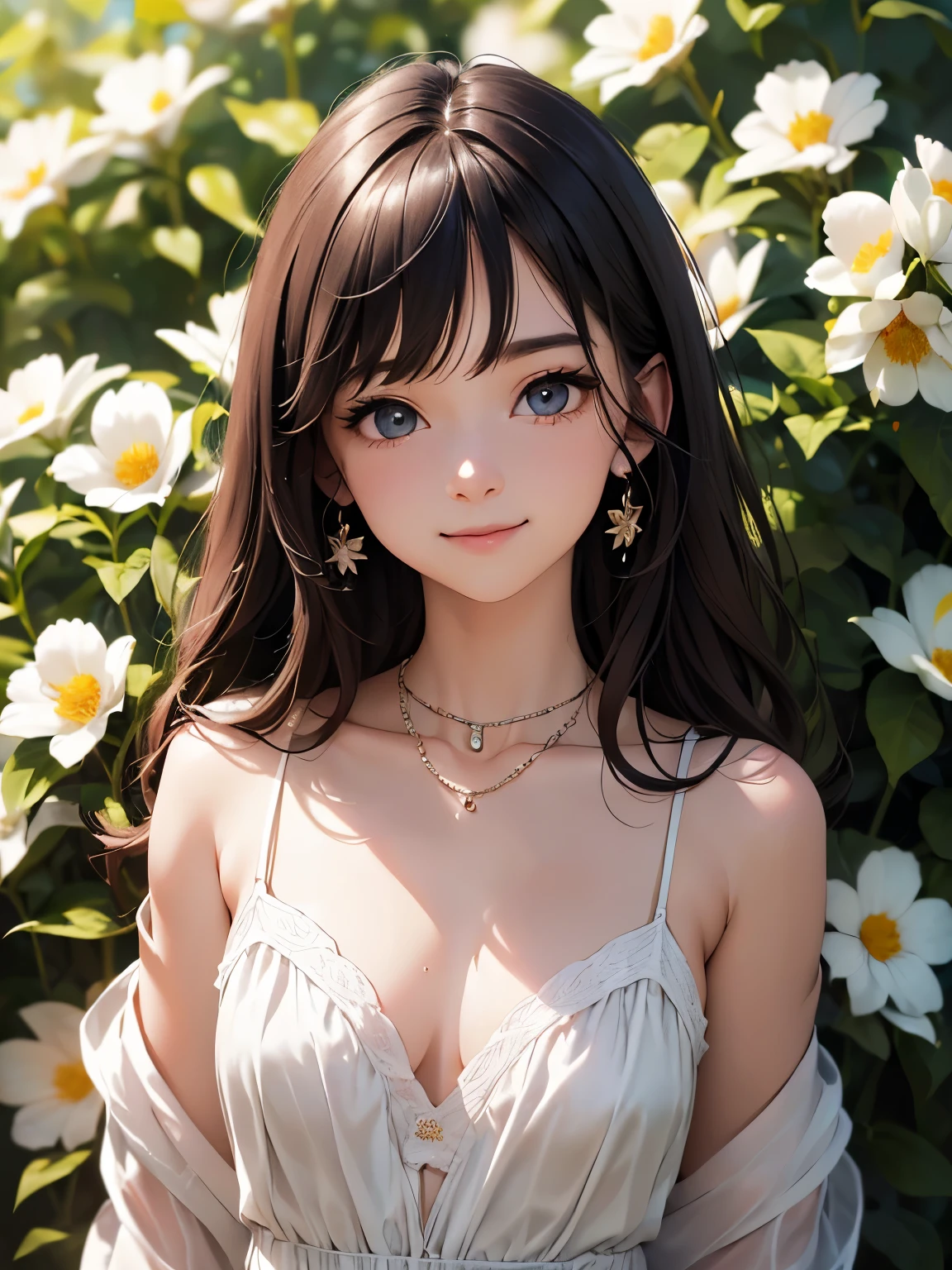 ((Biologically correct number of limbs))、((full body shot, Full body photo including face、head to toe photo))、standing position、[NSFW]、4K、masterpiece、((focus on the face))、((Symmetrical facial features))、Eyes of minute description、Beautiful woman、outstanding style、beautiful clavicle、beautiful legs、beautiful hands、(small ass、thin thighs）、(high heels）、Detailed depiction of faces、small earrings、necklace、Close-up photo of the upper body、(shirt、lower body skirt）、Holiday morning park scenery with flowers in full bloom、wood々in、A happy smile、I&#39;m feeling good、sweating