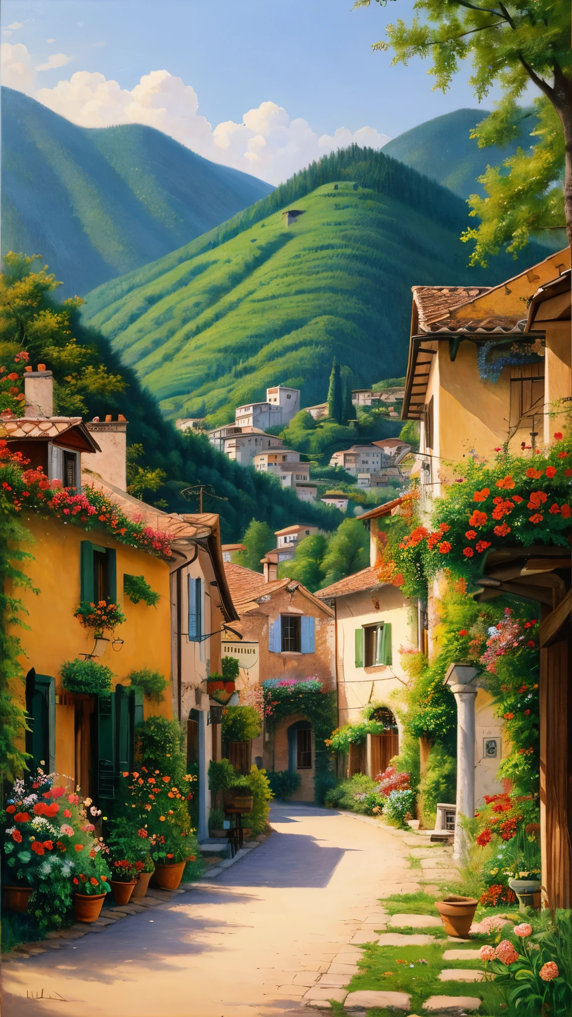 beautiful oil painting of village, Villa Bella, Italy, Written by Sung Kim