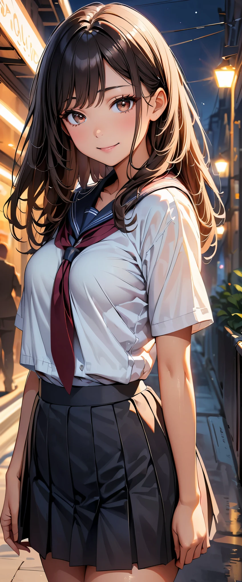 (highest quality, 4k, masterpiece :1.3), Beautiful woman, 1 girl, (chest, attractive body :1.2), JK:1.1, dark brown hair: 1.1, sailor suit, super detailed face, lip details, fine eyes, double eyelid