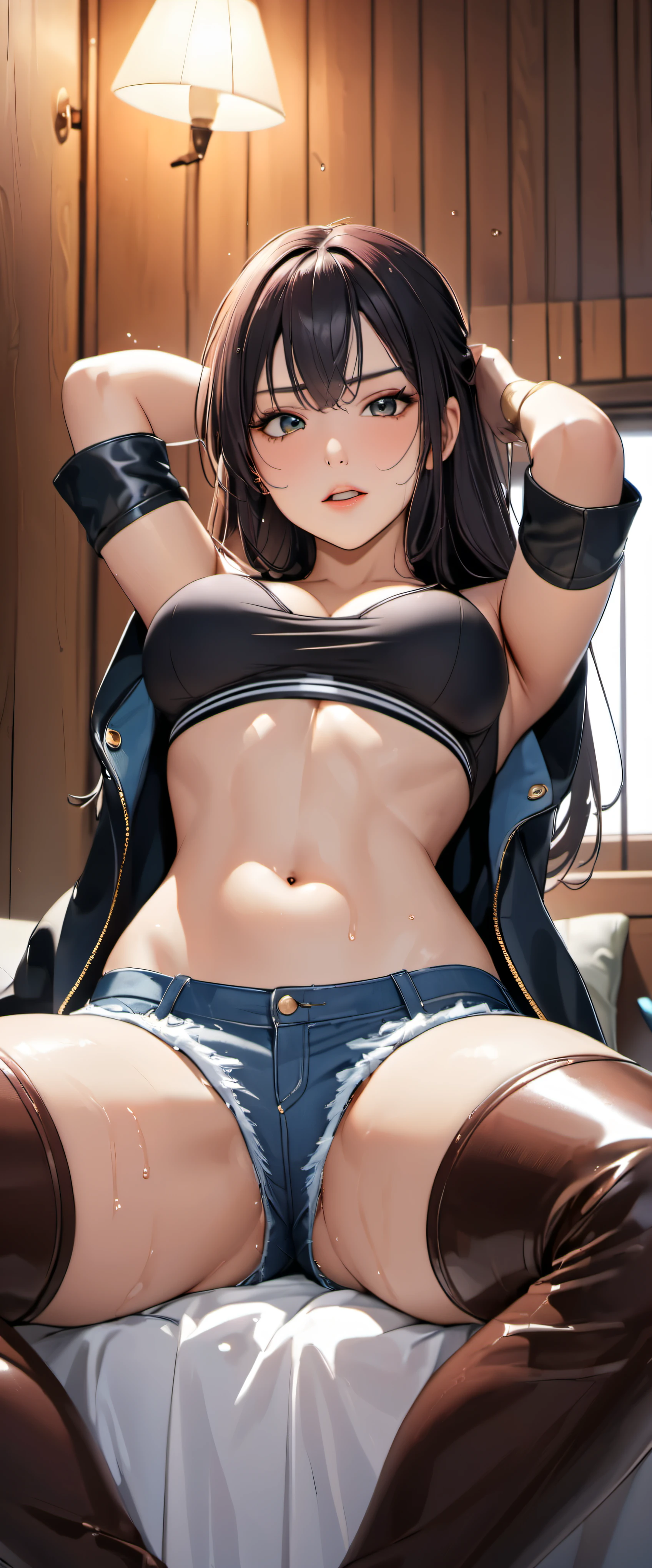 High resolution, woman , good lighting, despicable, , (No nudity), (((jeans shorts))), ((play sports often)), (((leather thigh high boots))), (), abdomen only, (wet shorts), , cute face, I'Iは恥ずかしくて赤面します, humiliating, ((sit with legs wide apart)), ((black hair))