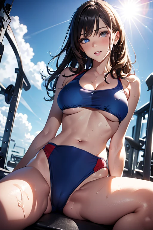 (masterpiece:1.2, best quality), (finely detailed beautiful eyes: 1.2), ((1girl)), ((solo)), (finely detailed eyes and detailed face:1.3), (scenery:1.2), (extremely detailed CG, ultra-detailed, best shadow:1.1), ((depth of field)), beautiful concept illustration, (illustration:1.1), (extremely fine and beautiful:1.1), (perfect details:1.1), sexy genital pose gesture、cheeky pose、(putting fingertips on lips),(with sparkling eyes and a contagious smile),((undressing in front of an viewer, erotically standing on knee, capturing the moment when her clothes are lowered and she caresses herself, caressing breast or erotically licking her finger, while caresiing cute eyes, open mouth or parted lips)) White skin that emphasizes transparency, crisp eye makeup, ruddy blush, thick natural parallel eyebrows, Light brown hair, long hair, soft curly hair, smile, wet skin, sweat, Floral bikini swimsuit, o-ring bikini, beautiful sky, beautiful sea, cloud, sun light, sitting, summer, beach, lens flare, shining, aureole mesmerizing eyes, luscious lips, shadowplay emphasizing beauty, artistic composition. (best quality, highres, masterpiece:1.2), ultra-detailed, (realistic:1.37) illustration, erotic style, soft lighting, sweat glistening on her body, gentle warmth, dark and mysterious, small breast,narrow waist,(with sparkling eyes and a contagious smile),her thin pubic hair, Realistic,((big breasts:0.9)),(((sports gym:1.2))),cleavage , (get sweaty), looking at viewer,