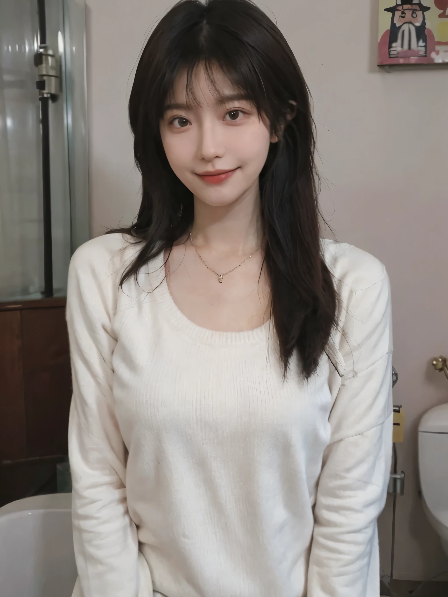 best quality， ultra high resolution， （realistically：1.4），cute hairpin，Baoyu Girl，1 girl,pink long sweater，pink long sweater ，Beautiful woman with slim figure:1.4, abdominal muscles:1.1, (a brown haired one, Medium chest:1.3), pink long sweater, bathroom,Super thin face，exquisite eyes，double eyelids，Smile，necklace