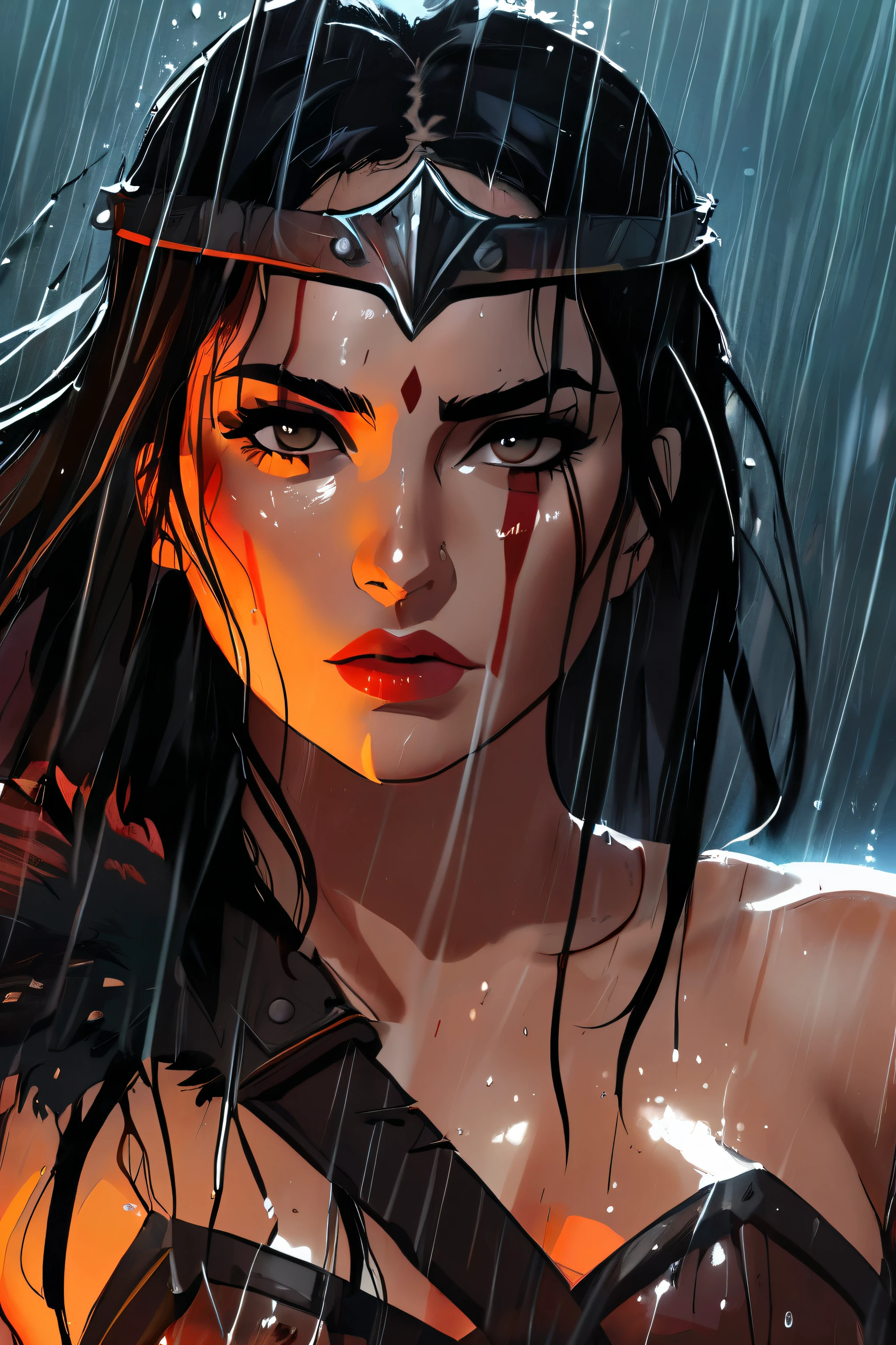 style,Epic illustration of a barbarian warrior woman, standing resolute in the pouring rain,looking at the camera, close up, evoking the grandeur of Gladiator, soaked in blood, undamaged details, while rendering with dynamic lighting, sweeping camera angles, and intense emotional depth,cinematic background, cinematography in artistic style, large strokes, finalized with ink, fine lines