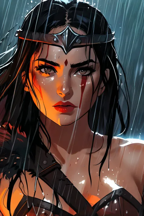 style,epic illustration of a barbarian warrior woman, standing resolute in the pouring rain,looking at the camera, close up, evo...