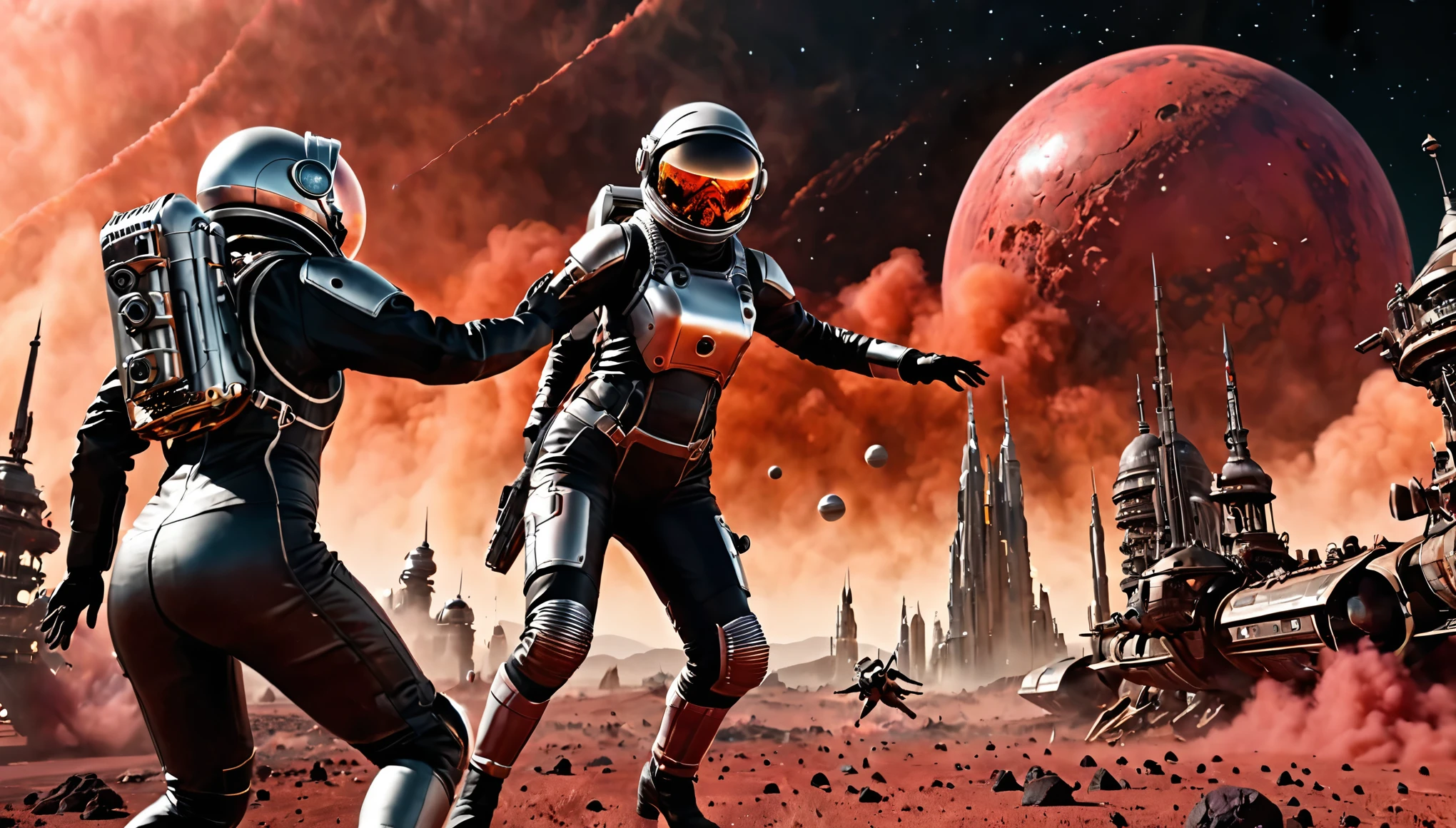 virtual scene, hyperrealism, a woman in a glass spacesuit, a starship is attacking, people in spacesuits are shooting at it, on the surface of a scary planet, action pose, in the background another large spaceship, an epic scene, battle, war, a mystical Martian city in style is visible steampunk, mystical setting, sky shrouded in red dust and black smoke, realistic photography, super detailed backgrounds, super high resolution, super high quality.