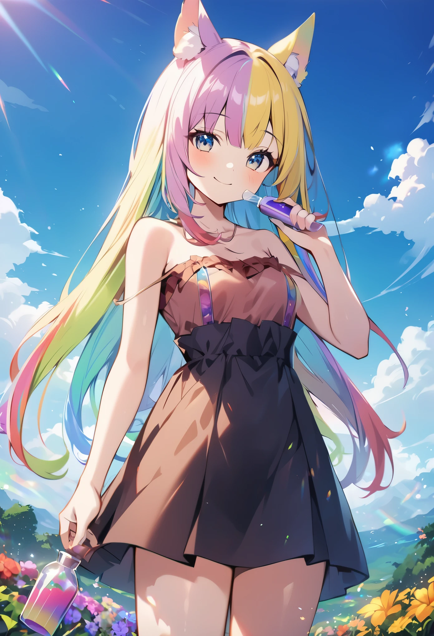 A girl standing with a beaming smile, holding a bottle of magic paint in his hand. Surrounded by a magical and colorful environment, with colorful flowers, bright tree々and a sky full of rainbows. 4K resolution