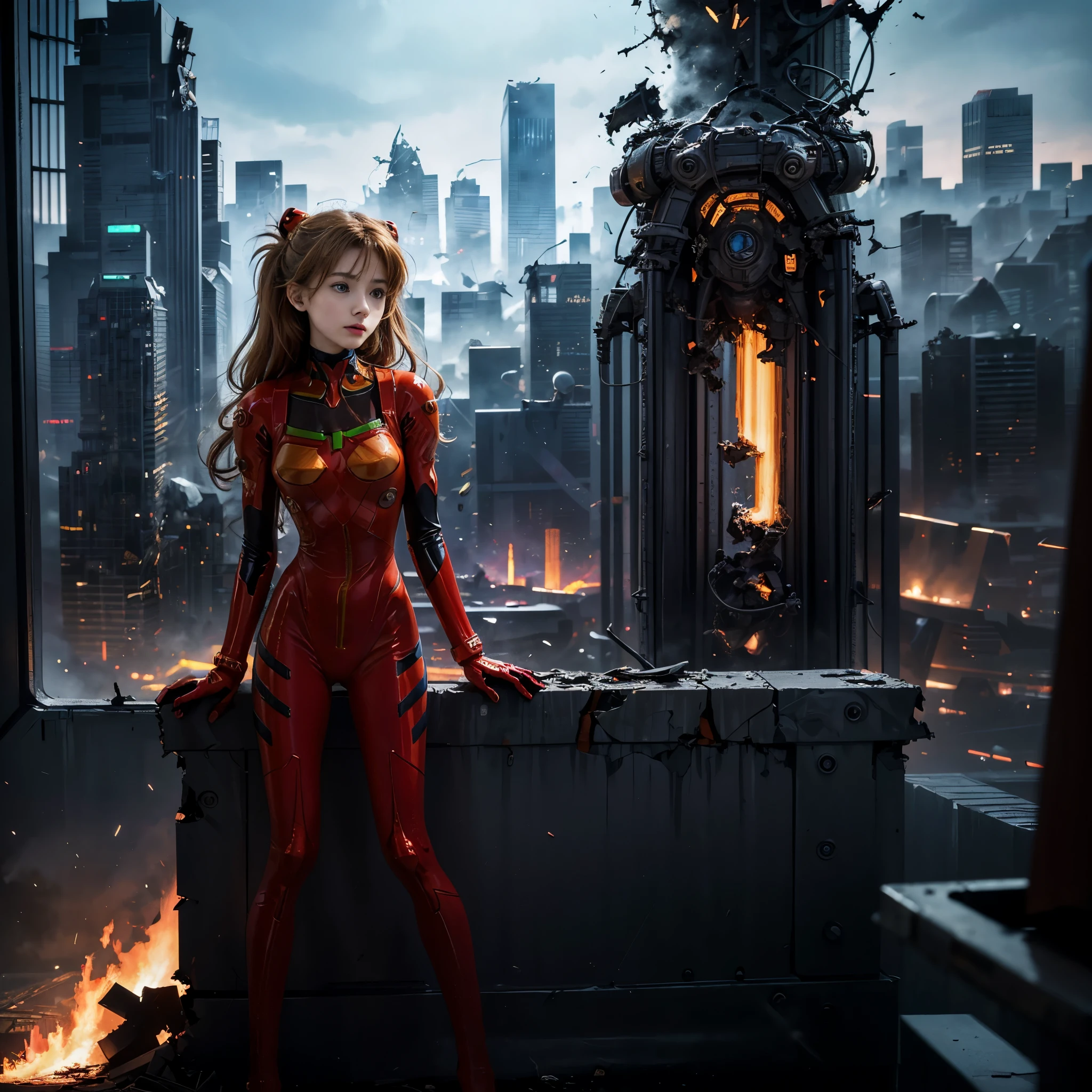 (best quality,4k,8k,highres,masterpiece:1.2),ultra-detailed,red-faced（:1.1）,long dark brown curly hair with hair accessories,showing off her perfectly styled bun,masterpiece:1.2), plug suit 02, Asuka Langley Sohryu, Evangelion, slender ****************（:1.1） wearing a full-body suit, (completely destroyed metropolis:1.75) in the background, please look at the camera