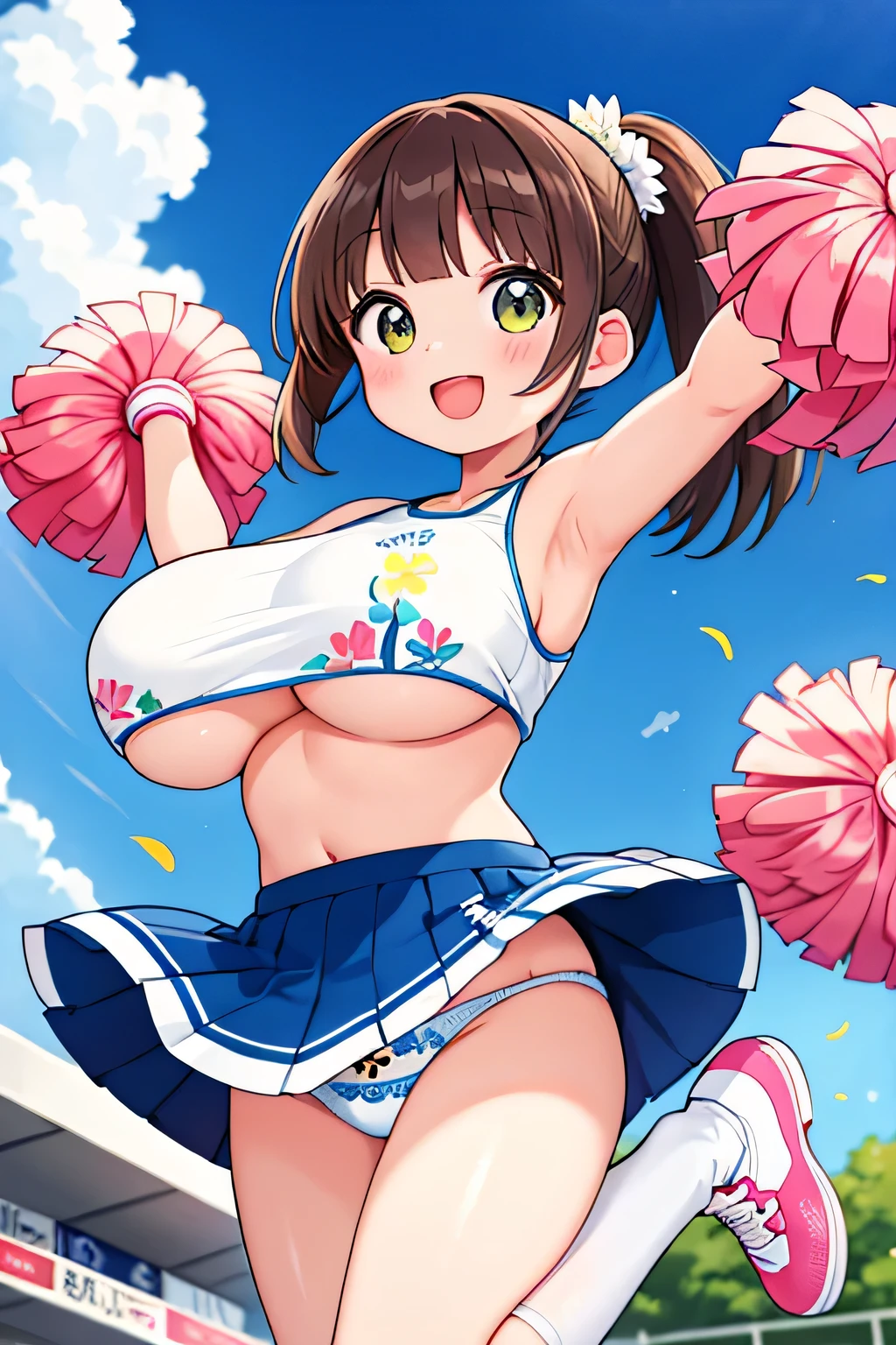 highest quality、High resolution、detailed background、cute girl、brown hair、bob cut、ponytail、(huge breasts:1.2)、perfect body line、big ass、vast sky、jump and fly in the sky、(Cheerleader、I'We're rooting for you、sexy cheer costume)、White floral embroidered panties、White floral embroidered bra、emphasize the underboob、I can see the underboob、angle from below、
See here、open your mouth and smile、smile、healthy、healthyふともも、Healthy and beautiful、legs open、panty shot