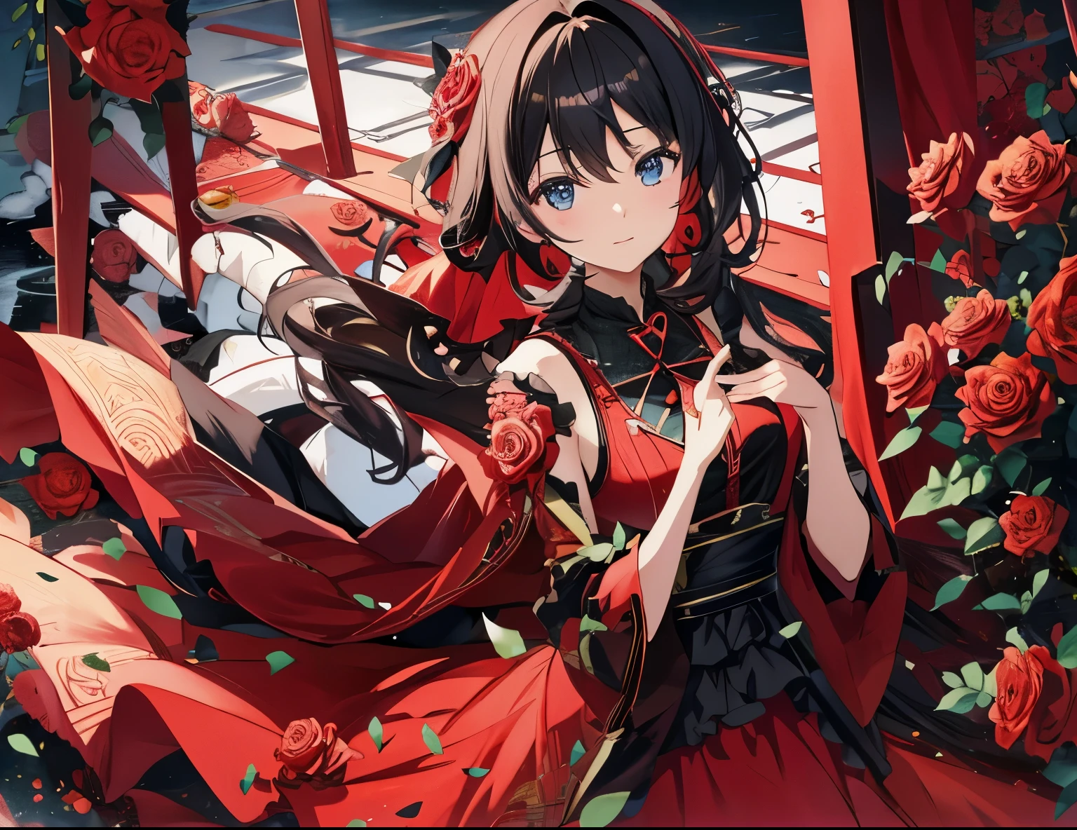 A black and crimson dress and a headset made of the same material as the dress.,anime girl with red rose, anime style 4k, anime art wallpaper 4k, anime art wallpaper 4k, anime art wallpaper 8k, beautiful anime, beautiful anime artwork, beautiful anime art, beautiful anime girl, anime wallpaper 4k, anime wallpaper 4k, beautiful anime portrait, Cute anime girl in a nice dress,