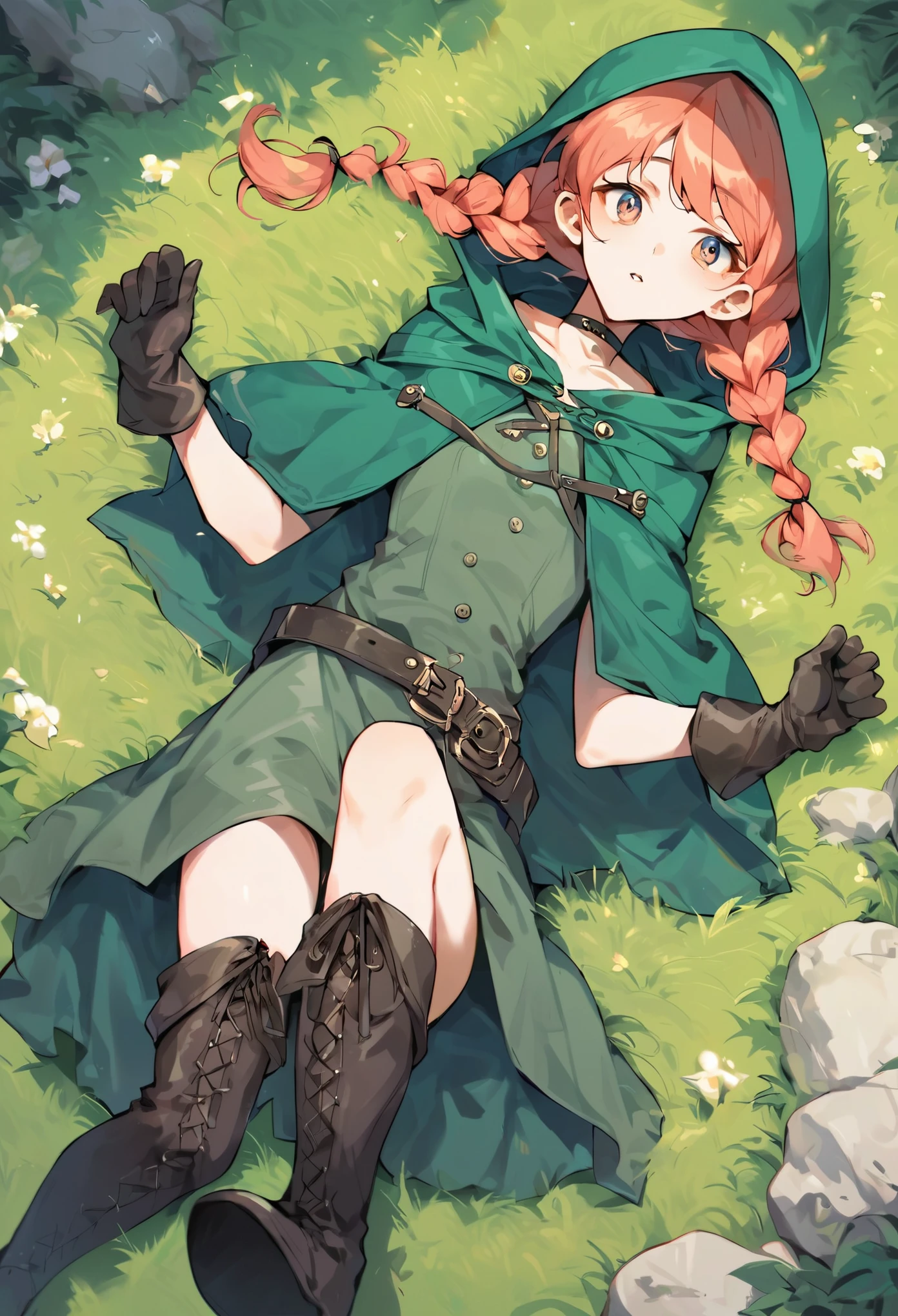 score_9, score_8_up, score_7_up, score_6_up, source_anime, rating_safe, from above, solo, 1girl, linkle, parted lips, looking at viewer, lying, on back, twin braids, green capelet, hood, leather gloves, skirt, thigh boots, choker, belt, outdoors, grass