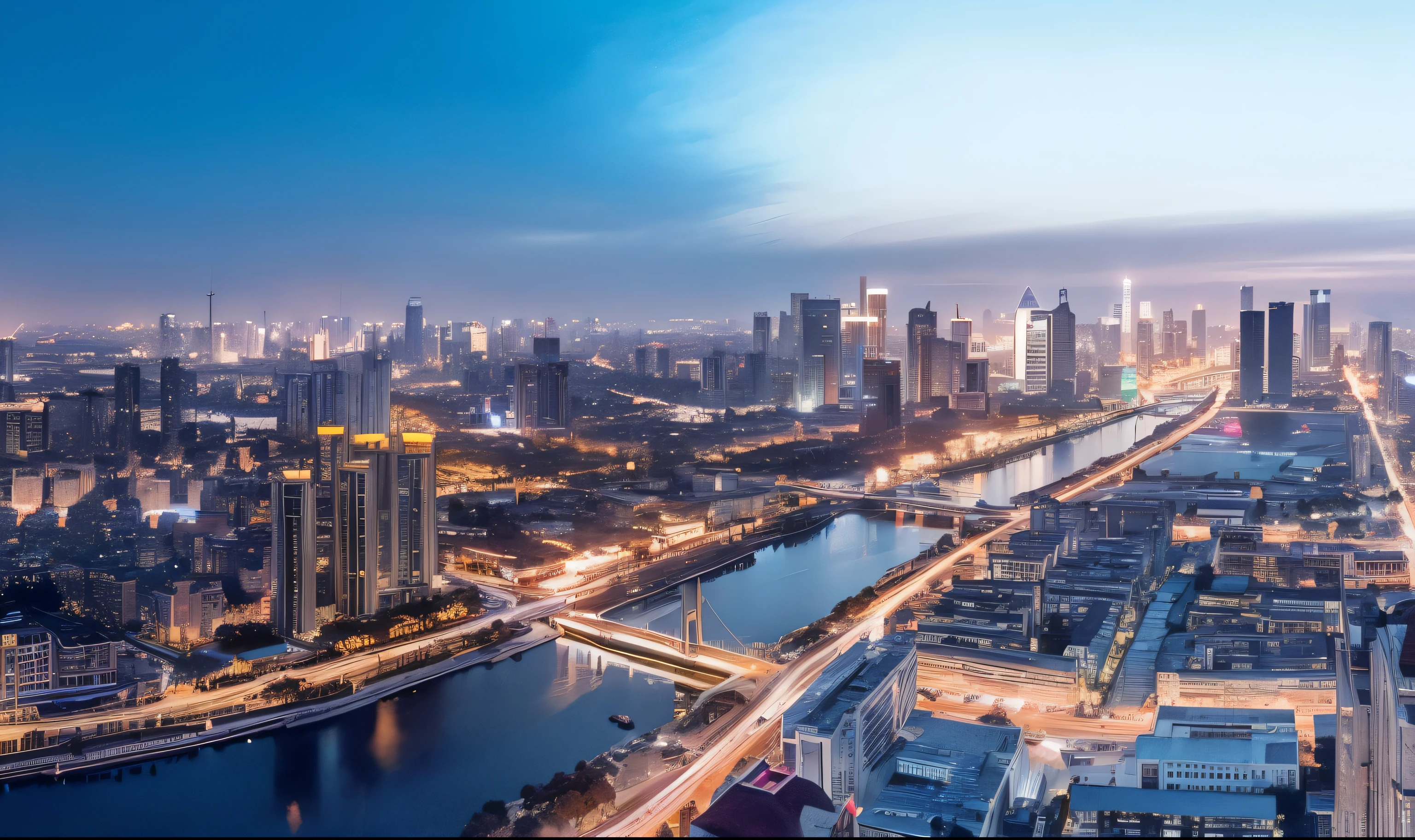 A night view of a city,a river flows through it, Drone overlooking the city, Shenzhen, Shanghai, Hangzhou, Shanghai city, Ultra wide view city landscape, aerial view of a city, beautiful cityscape, Big city street view from above, city dusk landscape, interesting background, beautiful city, author:Bernardino May