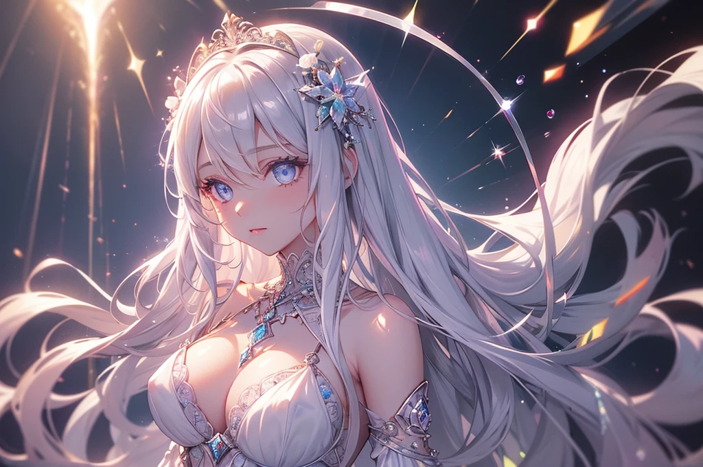 Ultra HD, highest quality, alone, Backlight, highest quality, god, beautiful breasts, hair ornaments, Super detailed, girl, jagged hair beautiful, exquisite eyes, eyes like jewels, colorful eyes, sparkling background, sparkling eyes, super long hair, woman, gentle hair, god々New, gem, jewel-like hair, shining eyes, god, amazing hair, green eyes, Eye-catching skin, detailed decoration,sapphire, less revealing clothes, Light, goddess, flower, white skin, night sky, love, number々Awards for, shining eyes, detailed clothes, luminescence, Gentle light, internal diffusion, move chart, masterpiece, masterpiece, high details, textured skin, anatomically correct,detailed eyes,Fine eyes,clear eyes,Dark eyes,jewels floating around, hair,black clothes,shiny skin,night,A composition that no one has ever seen before,blue eyes,sweet pea,white hair,complex colors,anatomically correct hand,Star clothes,pale pink,diamond,