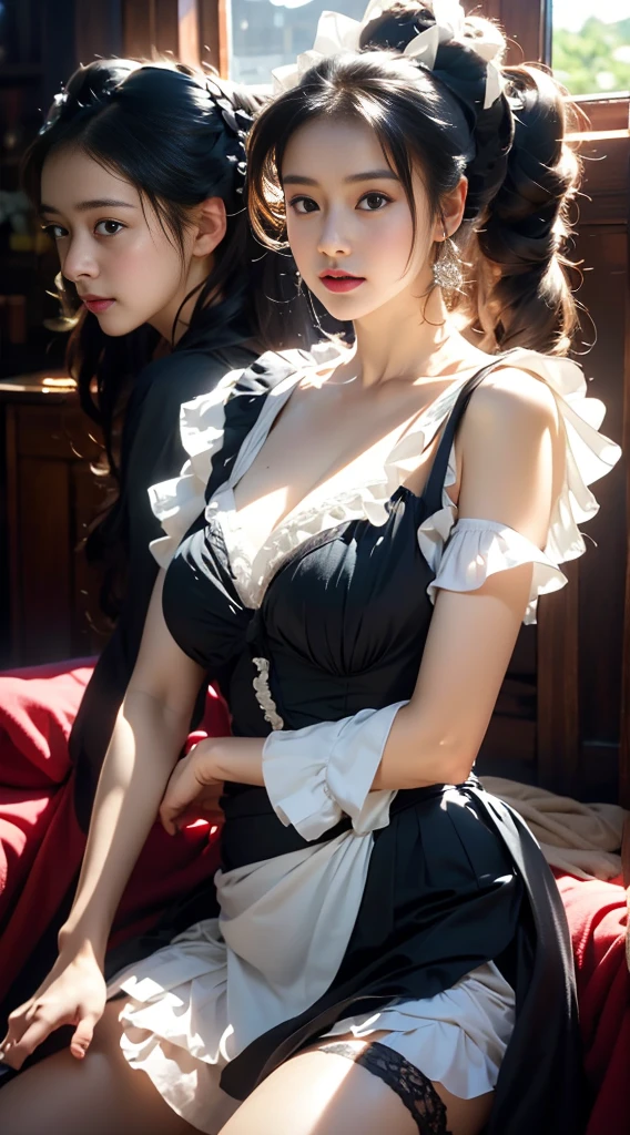 high quality photos, masterpiece, ultra high definition, (realistically: 1.4), Realistic style,original photo, 1 girl, british maid, Ruffled Maid Katyusha, ponytail, Braided hair, ruffled translucent shirt, ribbon tie, apron, mini skirt, puff sleeves, white, glowing skin, victorian era, no gray background, stand by the window,full body image,split,black garters,