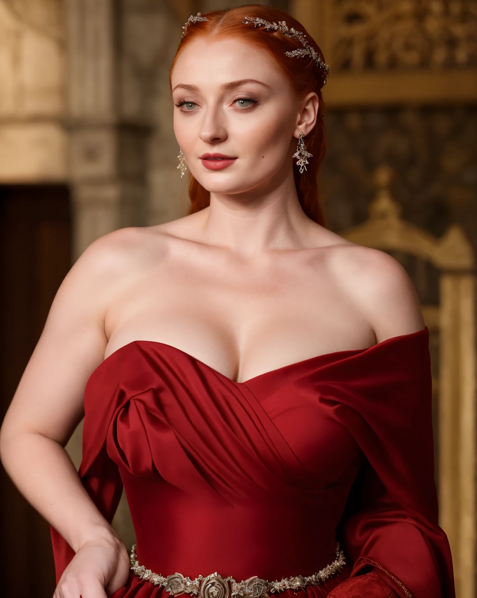 Face of Sophie Turner, Sansa Stark played by Sophie Turner, the de facto Lady of the Eyrie, is a 40-year-old mature queen with a stunning, alluring appearance. Full Face, pierced eyes, reddish lips, upper body shot, erotic Mediaeval costumes, game of thrones costumes, She wears a Game of Thrones-inspired costume and has a deep cleavage, a perfect thick body, and a perfect thick figure. The photograph captures her in a close-up, with her skin texture and facial features being ultra-realistic and realistic.