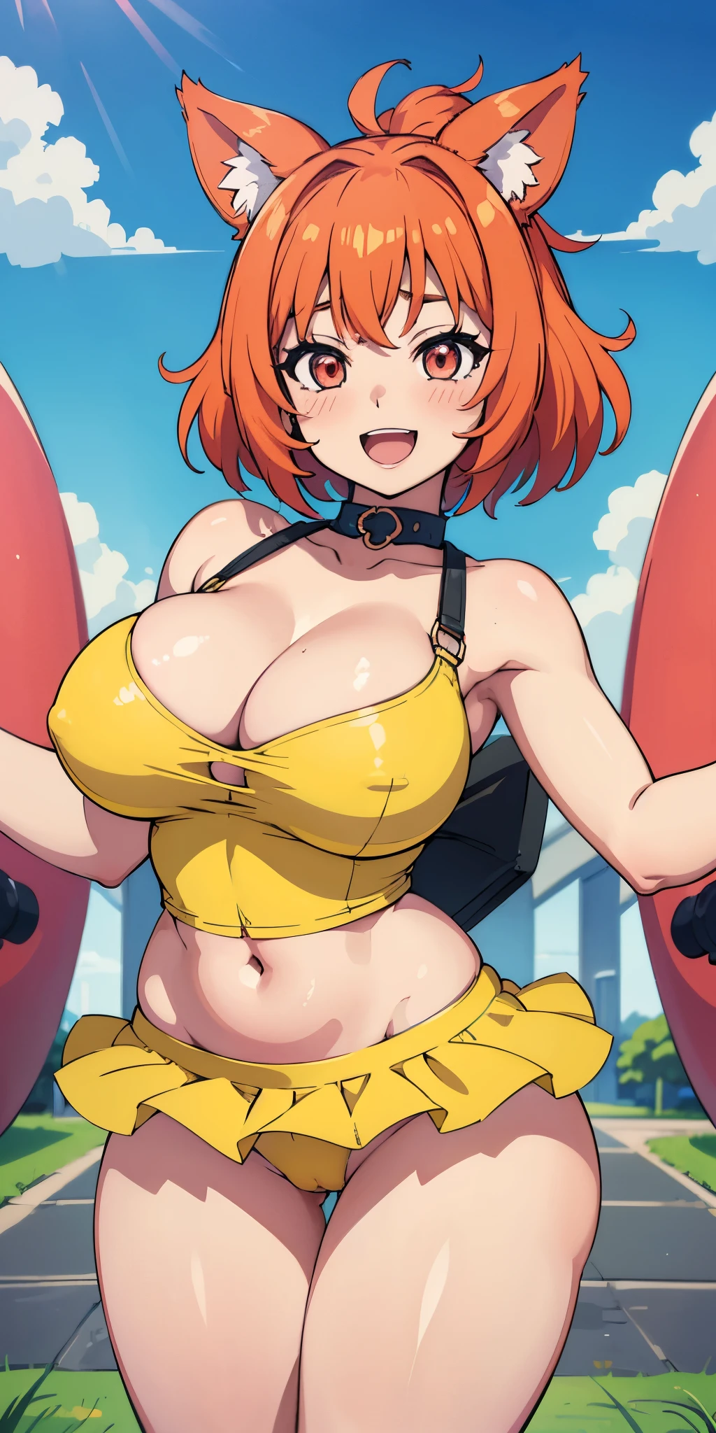 A lively and cheerful anime girl with short, bouncy hair and a bright smile. She wears a cute and colorful outfit, reflecting her playful personality. The background is a sunny park, adding to the cheerful and carefree atmosphere. big tits, bare tummy, slim waist, thick thighs, deep cleavage, hot expression, slutty, horny, porn, hentai