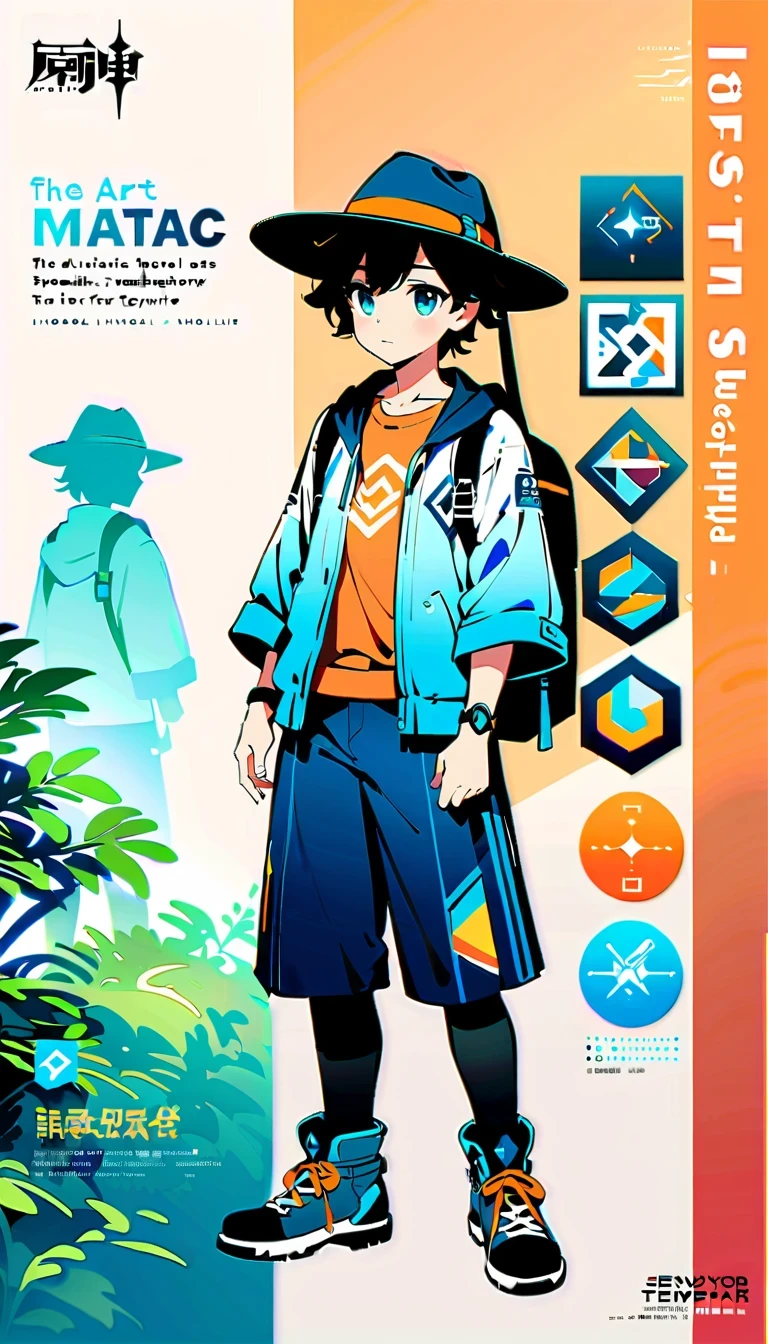whole body，1 boy，Genshin,Mika,Zephyr Knights,surveyor,Explorer temperament,Attention to detail,Xin Haicheng style,beautiful scenery,Delicate light and shadow,emotional,Soft toned brushstrokes,have,Backpack,Device details,the art of mathematics,Innovation perspective,folk art elements,Virtual singer,Kagamine,Style fusion,Magazine cover design,visual impact