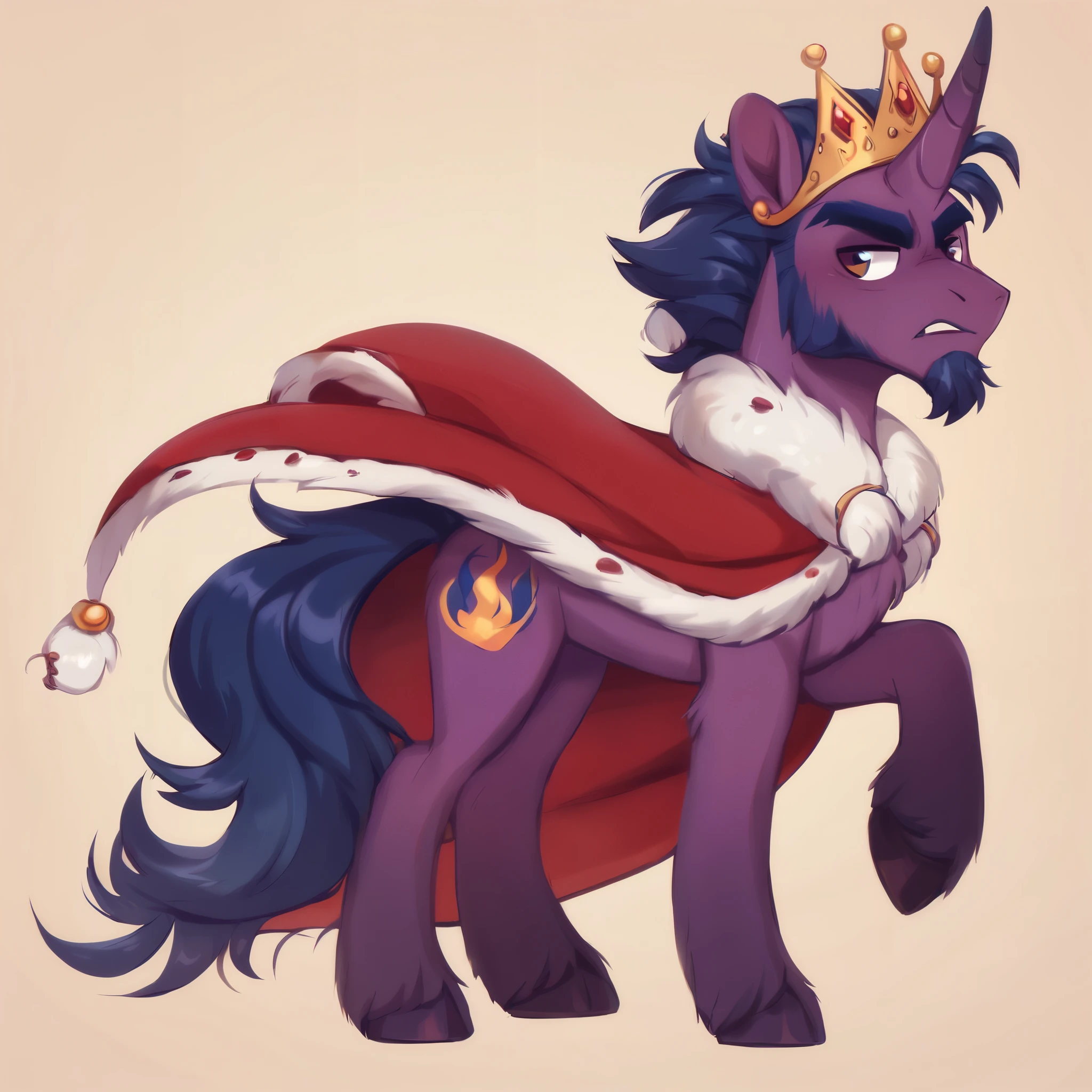 score_9, score_8_up, score_7_up, score_6_up, score_5_up, score_4_up, show accurate, full body, simple background, feral pony, male pony, adult pony, black and purple fur, unicorn, unicorn horn, crown on head, red cape with gold details, king, bitter face, serious face, small beard on the chin, short hair,