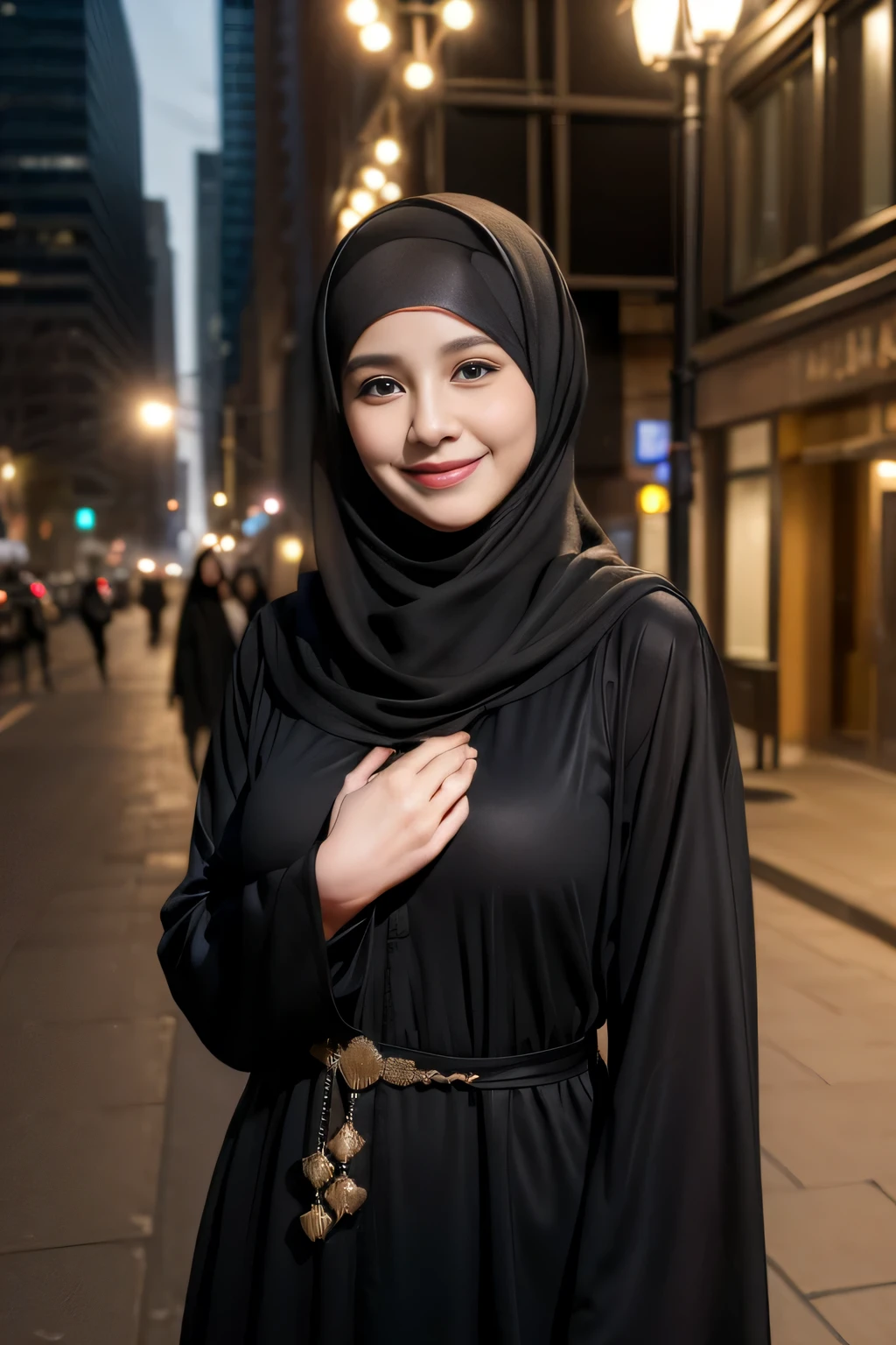 (k, RAW photo, best quality, masterpiecel1.4), ((wall streets background)) , (( smile face )), (realistic, photo-realistic:1.37), photo of a women in black hijab, 1girl, (lighting), ((wearing black fit jubah)) , ((looking at viewer)), ((covered breast))