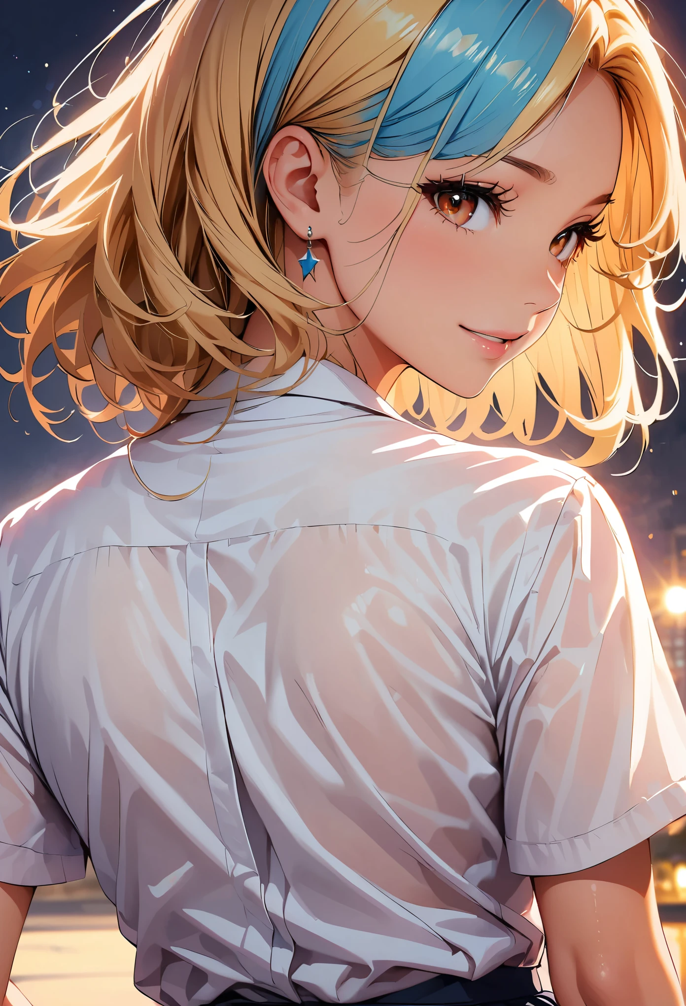 (highest quality, 4k, High resolution, masterpiece:1.2), Super detailed, (real, photorealistic:1.37), cinematic light, Bright colors and mesmerizing effects, Soft and delicate lighting, gentle shine, Lens flare, Beautiful and gentle atmosphere throughout the scene, 1 woman, JK, (blonde, long straight, reddish brown eyes), happy expression, Super detailedな顔, lip details, detailed eyes, double eyelid, turn around, stick out your butt:1.5, black socks, cowboy shot, school uniform, girls , shiny skin, perfect fingers, five fingers, anatomically correct, background bokeh, 500㎜, f/4, photo shoot,