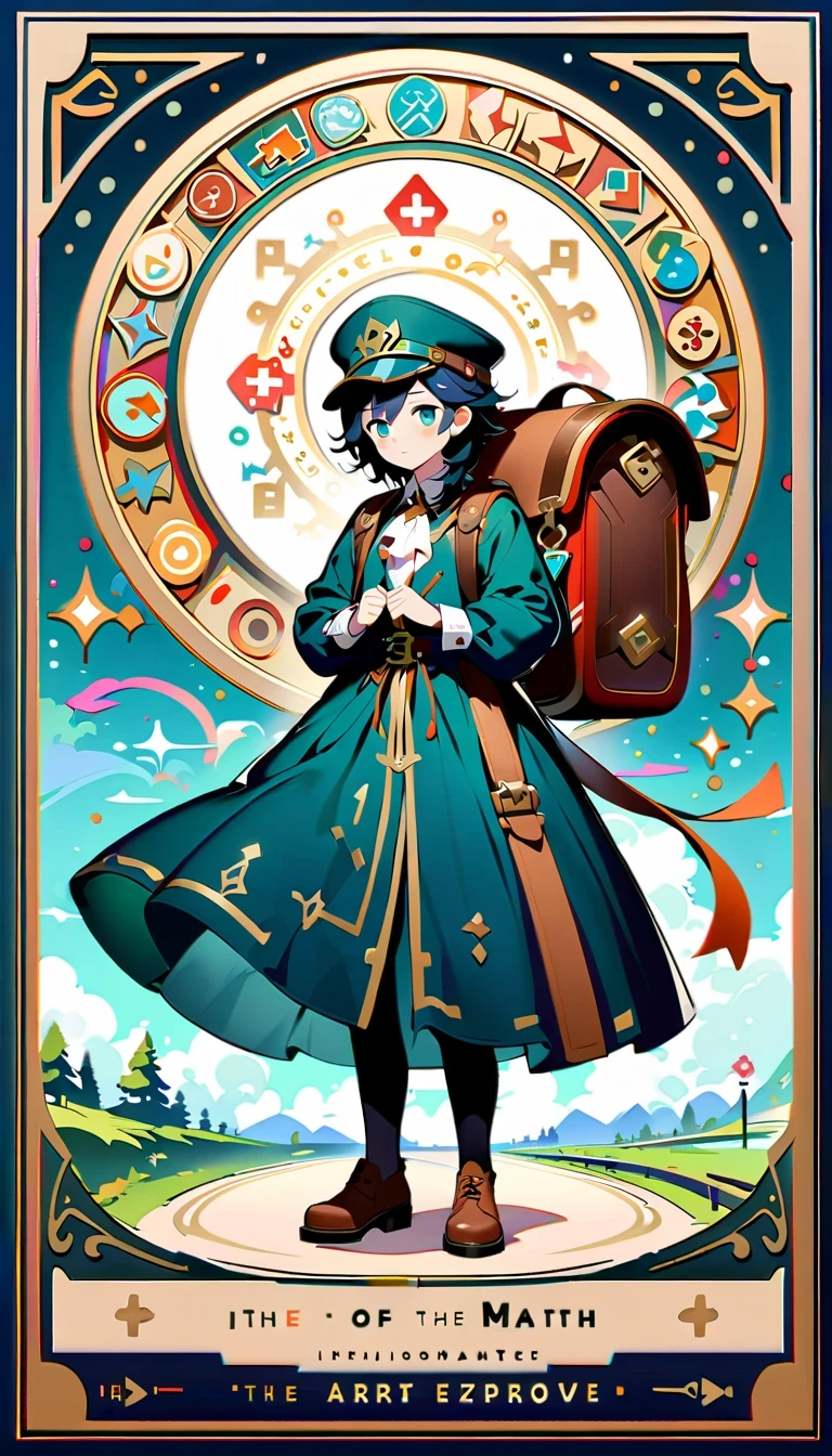 whole body,1 boy,Genshin,Mika,Zephyr Knights,surveyor,Explorer temperament,Attention to detail,Xin Haicheng style,beautiful scenery,Delicate light and shadow,emotional,Soft toned brushstrokes,have,Backpack,Device details,the art of mathematics,Innovation perspective,folk art elements,Virtual singer,Kagamine,Style fusion,Magazine cover design,visual impact