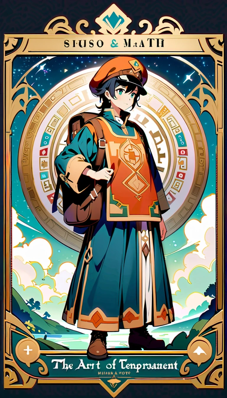 whole body,1 boy,Genshin,Mika,Zephyr Knights,surveyor,Explorer temperament,Attention to detail,Xin Haicheng style,beautiful scenery,Delicate light and shadow,emotional,Soft toned brushstrokes,have,Backpack,Device details,the art of mathematics,Innovation perspective,folk art elements,Virtual singer,Kagamine,Style fusion,Magazine cover design,visual impact