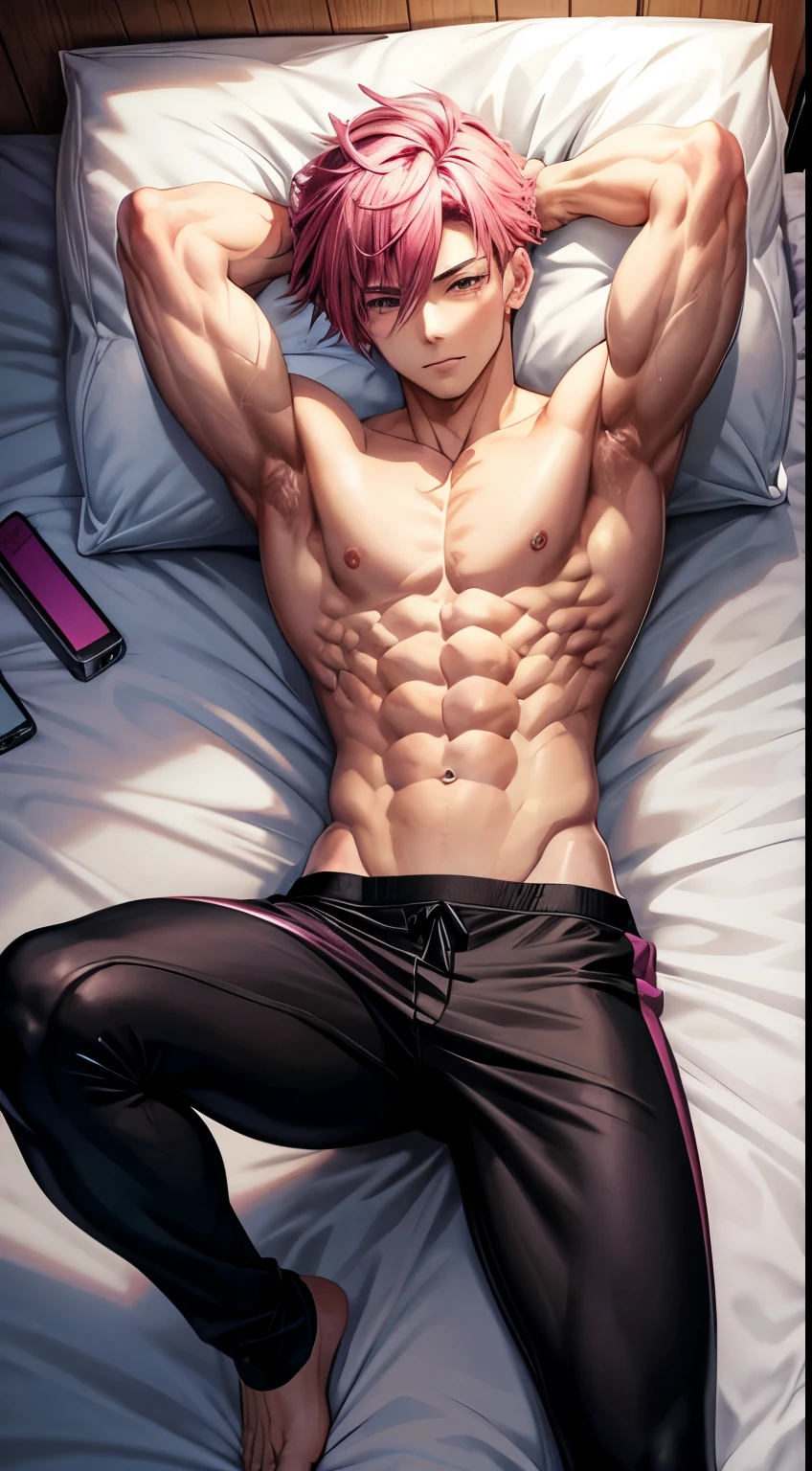 Shirtless anime guy muscular with pink hair
6 pack abs
Lying on the bed