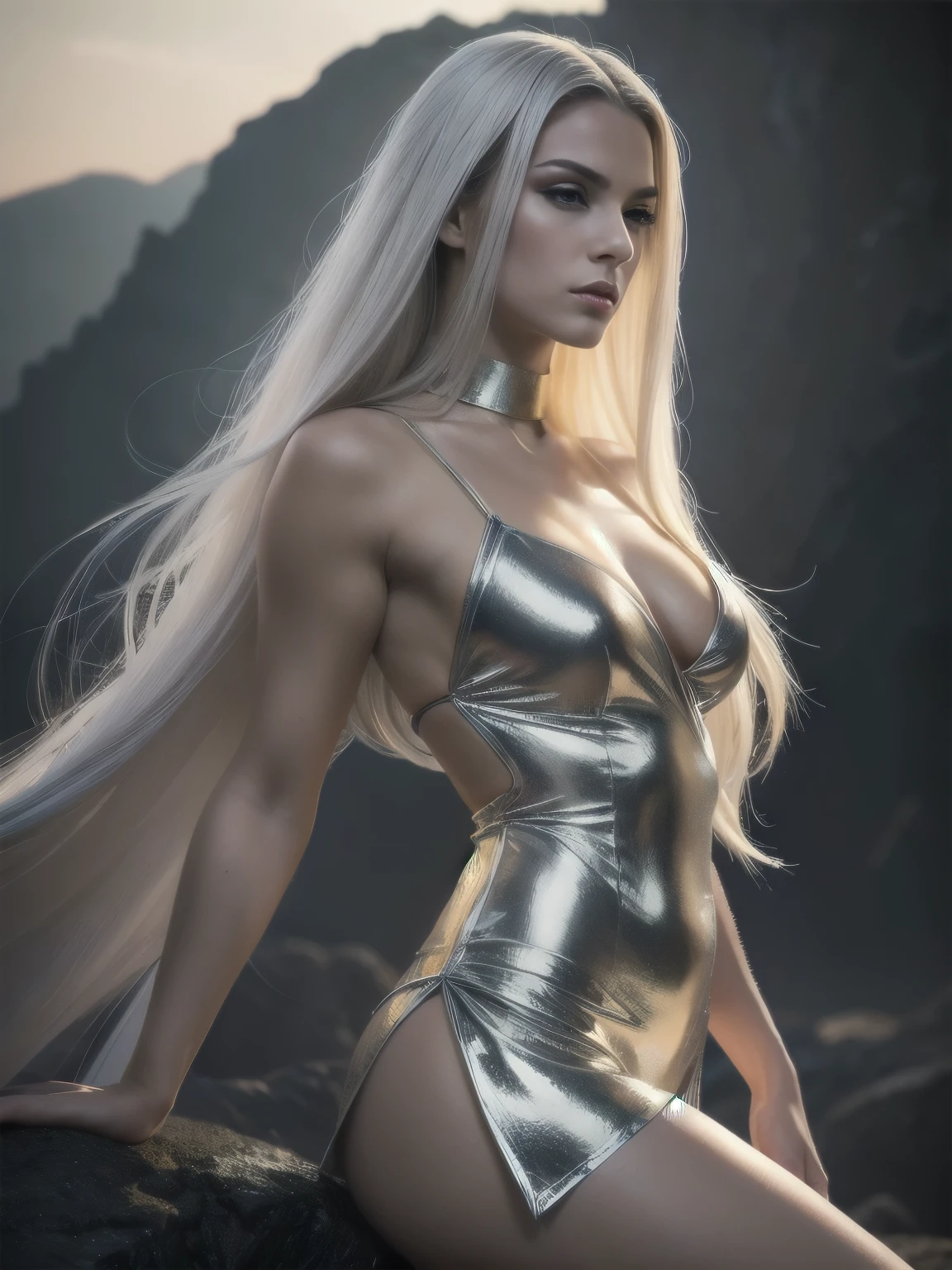 (Digital Art, meisterwerk) the evil dark twin of shining holy like a female saviour full perfect body slim extremely beautiful powerful mighty perfect face of a silver hair golden eyes 23 year old woman, white revealing glowing silk robes held only over oneshoulder without sleeves , in a smokingrocky black vulcanic valley with lava palace, dramatic powerful lighting