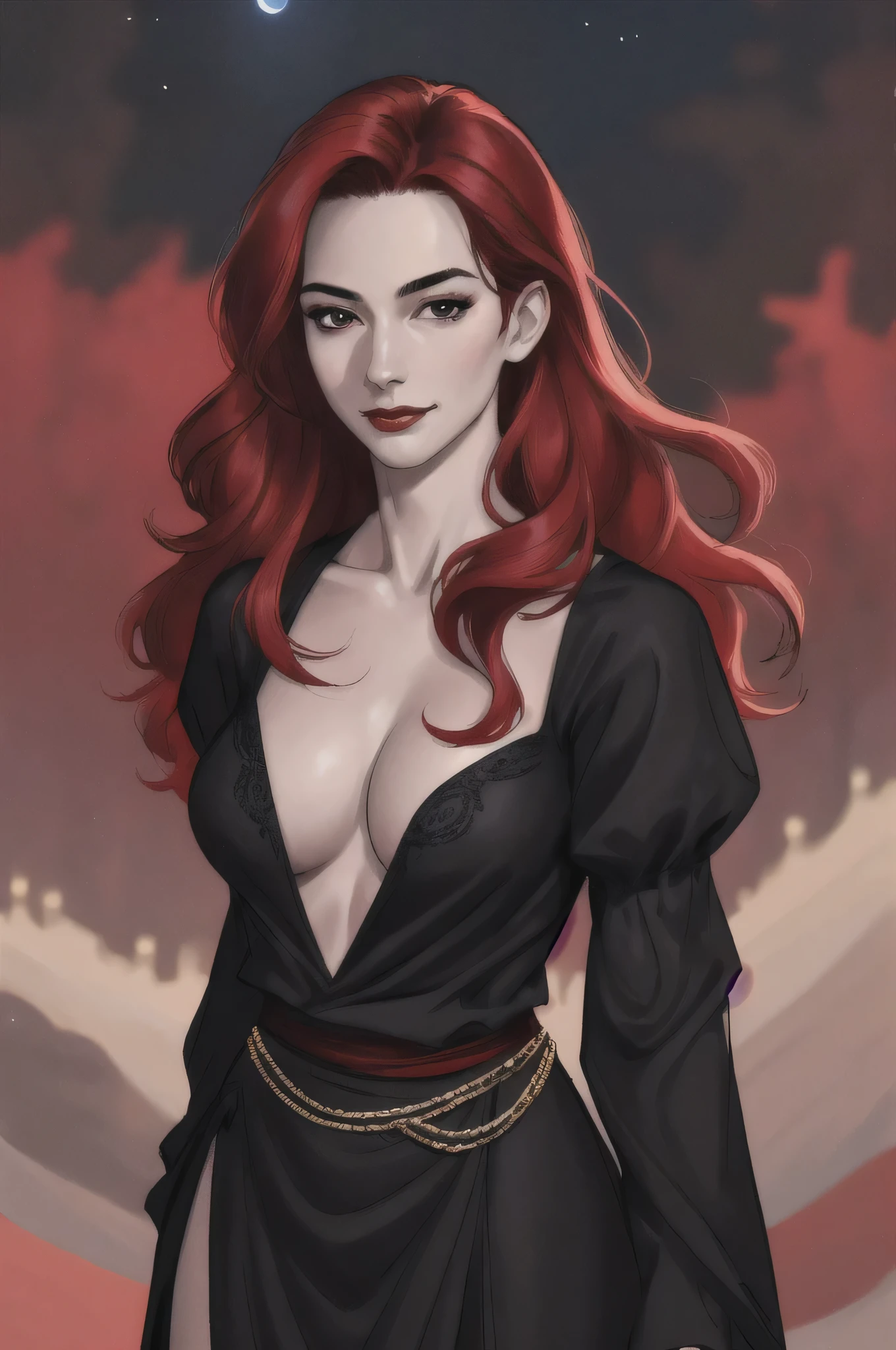 portrait shot, ((vivid red hair)), mature woman, 30 years old, diamond face, medium breast, moonlight, red starry sky background, depth of field, magic, big red lips, ((dark black eyes)) (Detailed beautiful eyes) red long and full dress, covered chest, mystical atmosphere, ominous shadows, Intense blue aura, Intense red aura (best quality:1.2), absurdres, intricate details, (highly detailed skin:1.2), smile expression, posing, taut and well defined body, attractive. Highly realistic, pale skin, beautiful, hyperrealism, skin very elaborated, direct gaze AB JLEE3, Complex facial details for all characters, Expressive eyes and nose and mouth, unzoom, author:Jim Lee Right Section Centered, Key, Visual, Complex, Highly Detailed, Breathtaking, Precise Line Art, Vibrant Panorama Film
