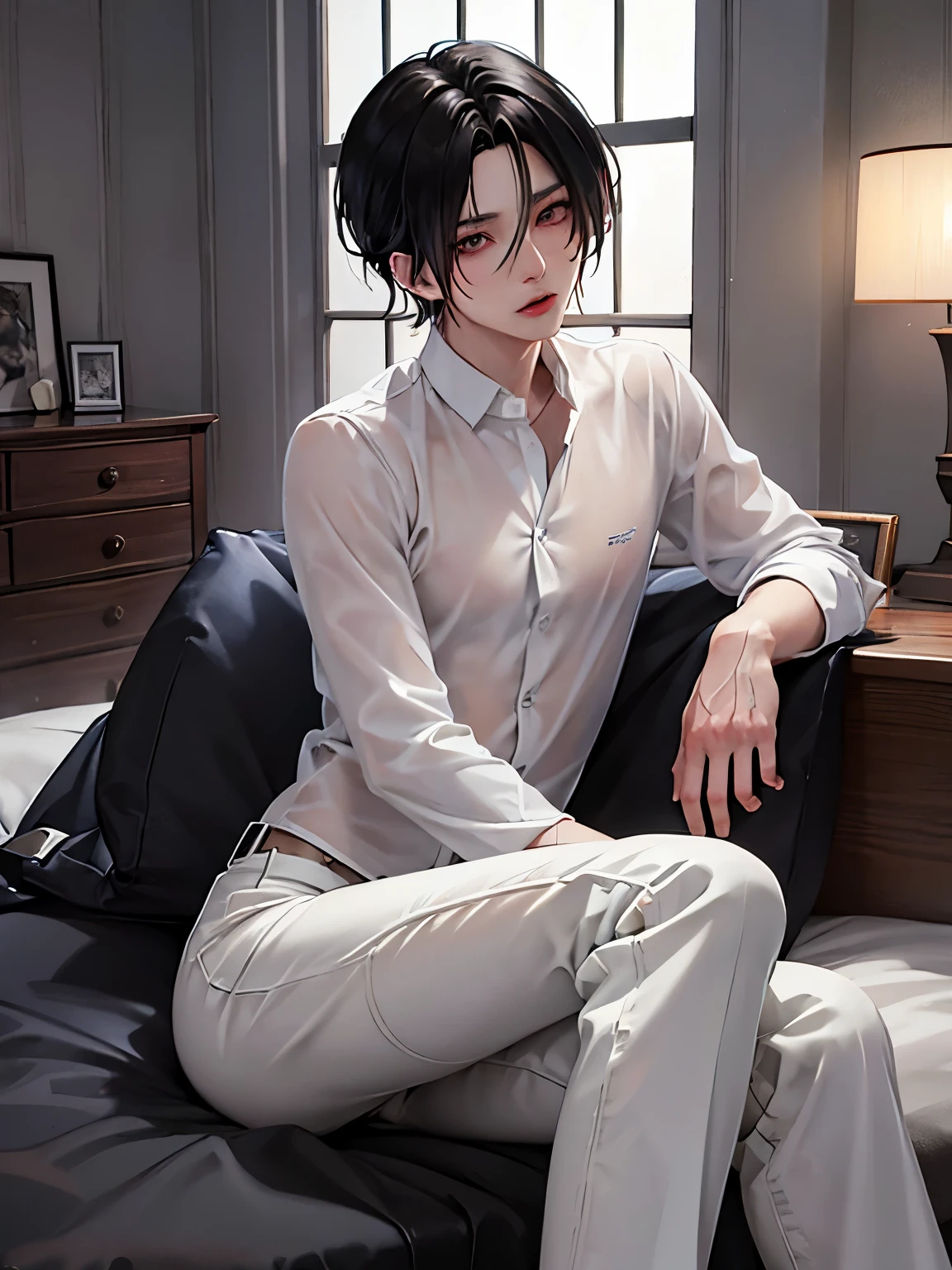 Anime sexy Mann, schwarzes Haar, Ketten, white pants, modern white shirt, leuchtende Farben, anime boy, wet body, bed, without shirt, high quality fanart, hot expression, Beast, at pixiv, official fanart, pixiv, detailed fanart, relaxing, levi ackerman, relaxing environment, relaxing mood, by Shingei, anime asthetic, relaxing concept art, wet anime boy, beautiful atmosphere, hot anime boy, cute, beautiful body art, hot pose, beautiful, pretty face, cute pretty face, big cute eyes, beautiful expression