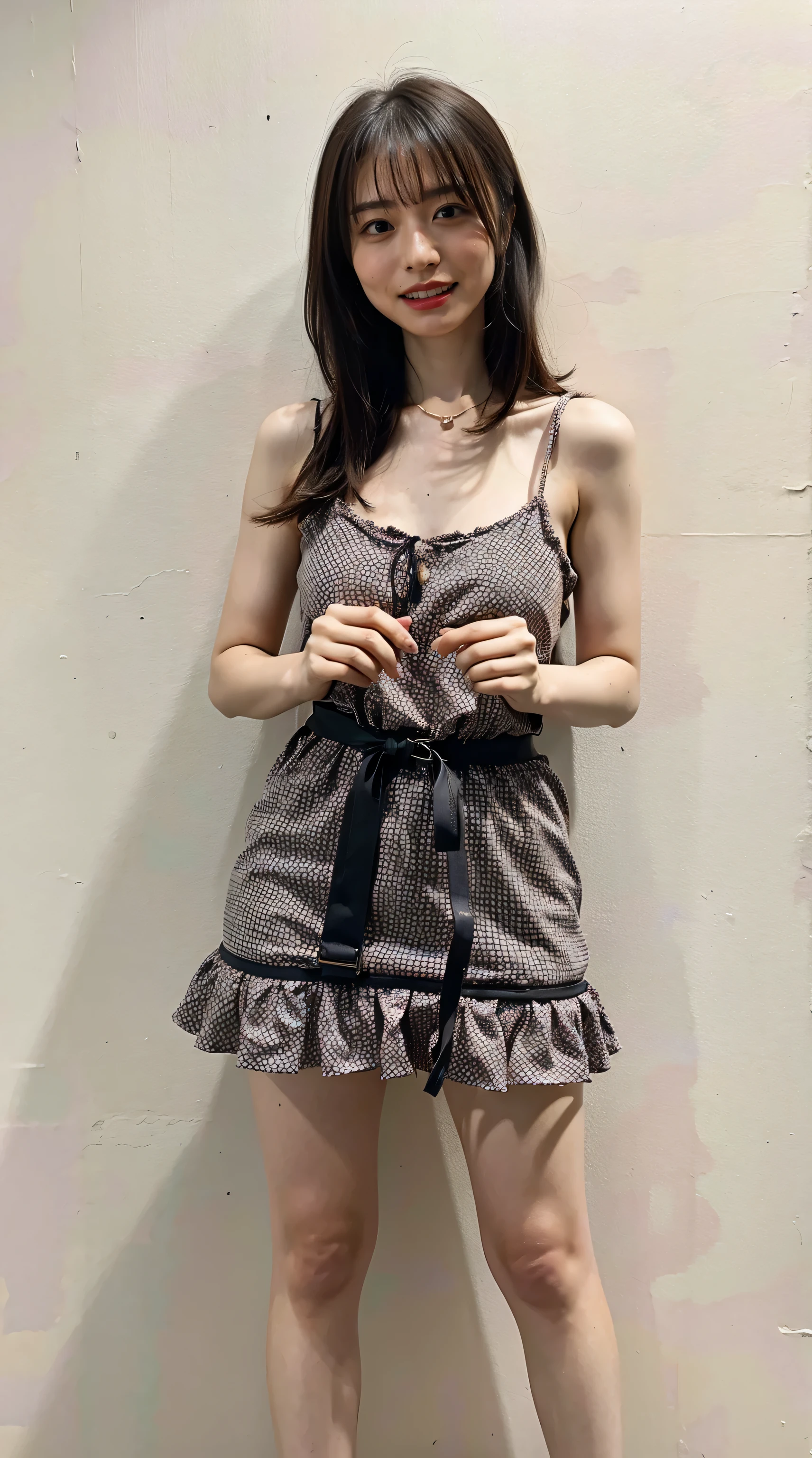 (8K、Raw photo、highest quality、masterpiece:1.2)、(realistic、Photoreal)、1 girl、((camisole dress、I can see your feet、belt、big breasts、Seen from the front、stand with legs apart、)、lots of eyelashes、Glitter on your eyelids、skeletally correct、sweaty body、Beautifully aligned fingertips、smile、standing with hands on hips、above the sky