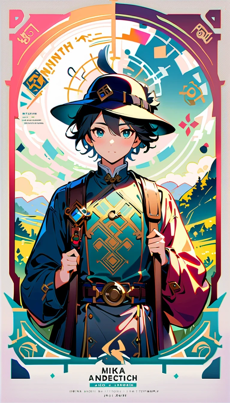 whole body，1 boy，Genshin,Mika,Zephyr Knights,surveyor,Explorer temperament,Attention to detail,Xin Haicheng style,beautiful scenery,Delicate light and shadow,emotional,Soft toned brushstrokes,have,Backpack,Device details,the art of mathematics,Innovation perspective,folk art elements,Virtual singer,Kagamine,Style fusion,Magazine cover design,visual impact