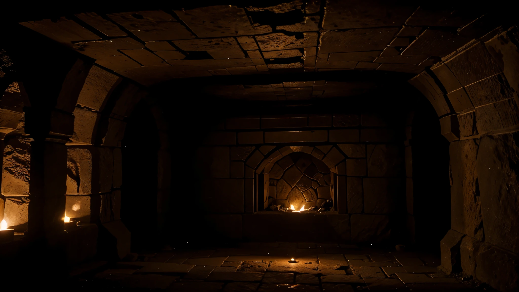 An ancient underground chamber illuminated by torchlight, showcasing intricate carvings and architectural details.