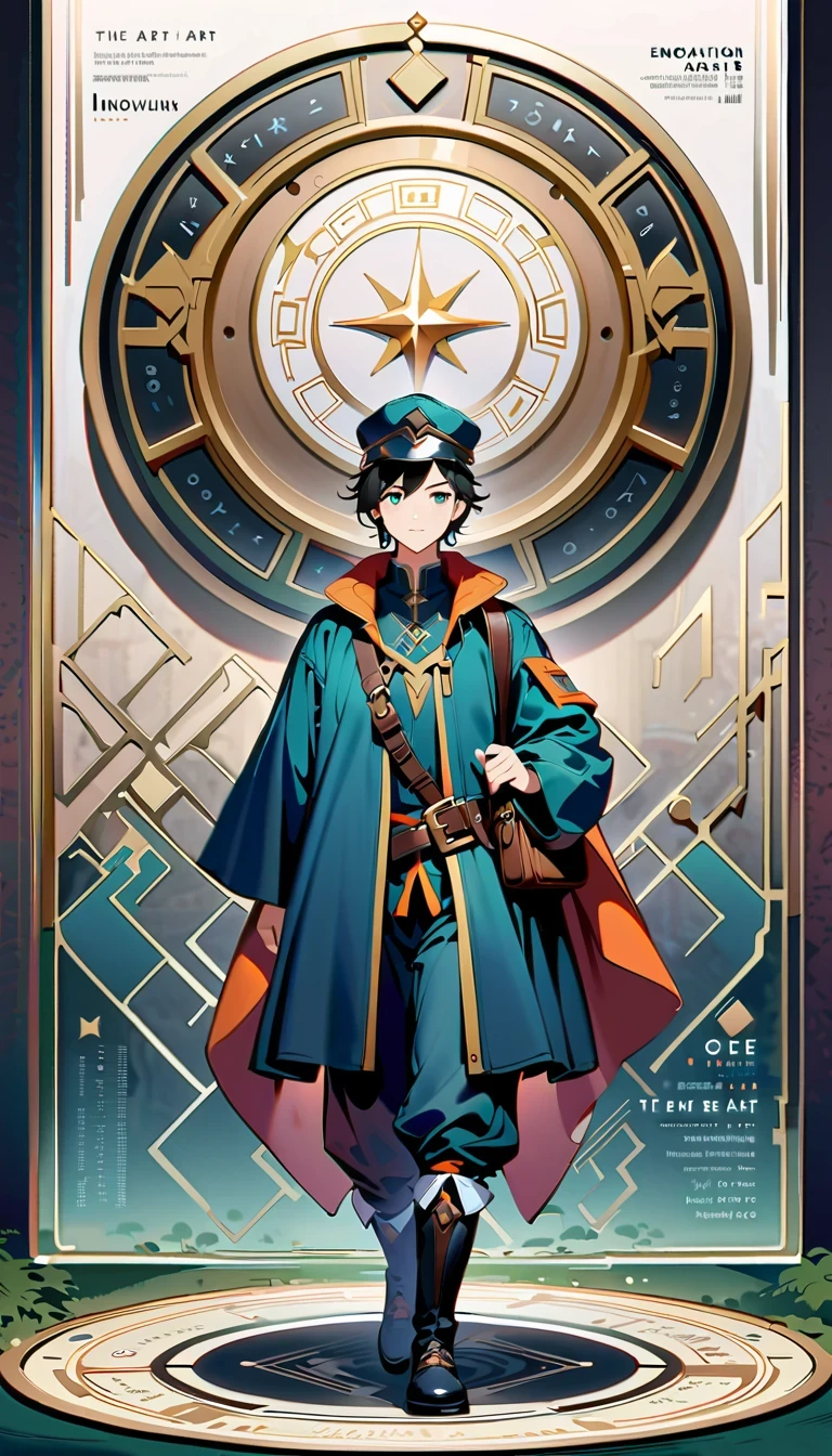 whole body,1 boy,Genshin,Mika,Zephyr Knights,surveyor,Explorer temperament,Attention to detail,Xin Haicheng style,beautiful scenery,Delicate light and shadow,emotional,Soft toned brushstrokes,have,Backpack,Device details,the art of mathematics,Innovation perspective,folk art elements,Virtual singer,Kagamine,Style fusion,Magazine cover design,visual impact