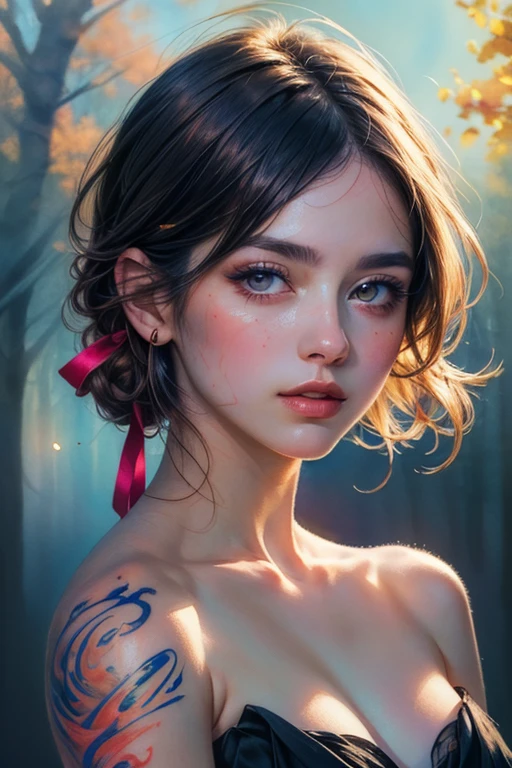 (8k, best quality, masterpiece:1.2),(best quality:1.0), (ultra highres:1.0), watercolor, a beautiful woman, shoulder, hair ribbons, by agnes cecile, half body portrait, extremely luminous bright design, pastel colors, (ink:1.3), autumn lights