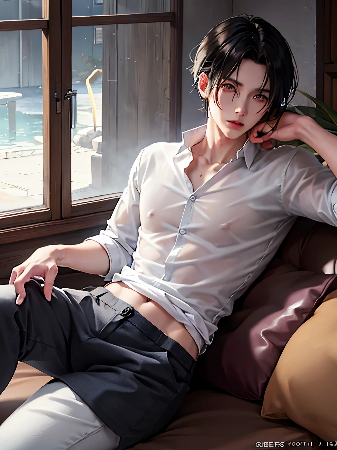 Anime sexy Mann, schwarzes Haar, Ketten, white pants, modern white shirt, leuchtende Farben, anime boy, wet body, bed, without shirt, high quality fanart, hot expression, Beast, at pixiv, official fanart, pixiv, detailed fanart, relaxing, levi ackerman, relaxing environment, relaxing mood, by Shingei, anime asthetic, relaxing concept art, wet anime boy, beautiful atmosphere, hot anime boy, cute, beautiful body art, hot pose, beautiful, pretty face, cute pretty face, big cute eyes, beautiful expression