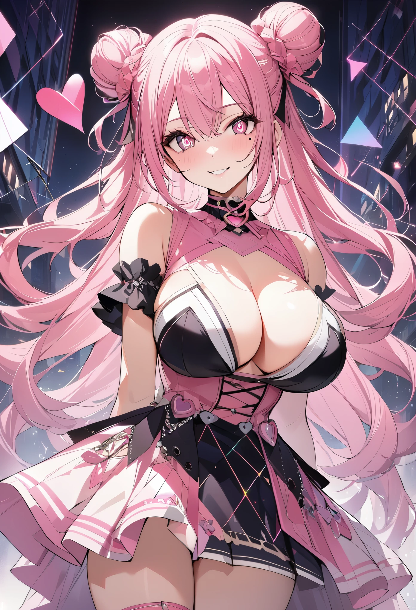 1 girl, pink long bun hair, Symbol-shaped eyes, +_+, big breasts, idol costume, {girl with pink long bun hair named Nami}, (Pink eye color), {downtown}, (smile), bright background , mole under eye, heart shaped choker, (masterpiece, highest quality), very detailed, highest quality, official art, beautiful and aesthetic: 1.2), (1 girl), very detailed, (geometry art: 1.3), colorful, most detailed ?d1 girl, pink long bun hair, Eye of the symbol, +__+, big breasts, gothic costume, {A girl with long pink bun hair named Nami}, (Pink eye color), {downtown}, (smile), bright background, mole under eye, heart shaped choker, (masterpiece, highest quality), official art, beautiful and aesthetic: 1.2), (1 girl), very detailed, (geometry art: 1.3), colorful