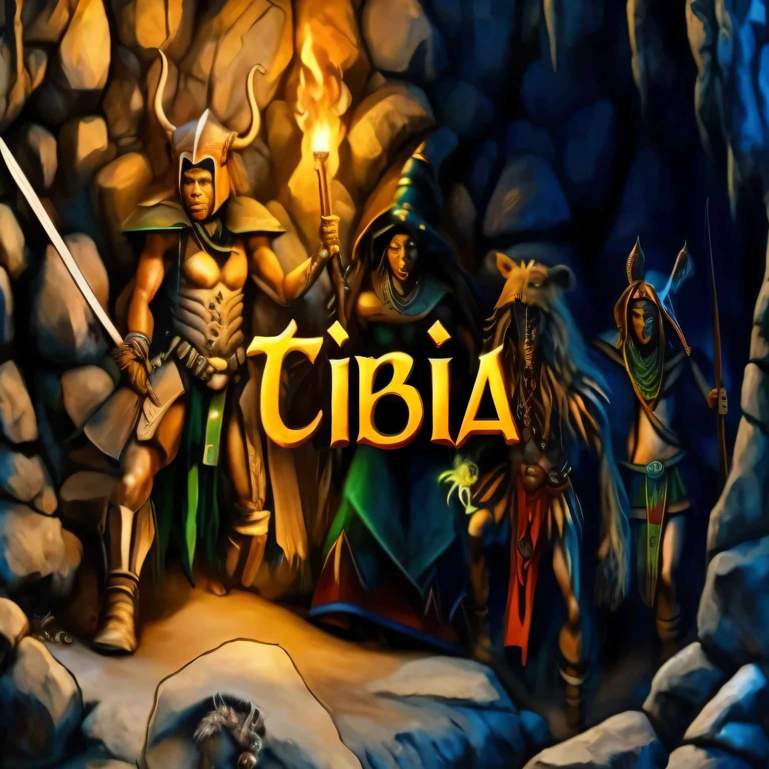 uma pintura de um grupo de pessoas em frente a uma caverna, Estilo de Tim Hildebrandt, capa de um novo videogame, jogo de aventura apontar e clicar, Tribal Yurta, game logo, Naga Tirr, tribalist science fiction, 3rd person action-adventure RPG, Minas Tirith, tribais, Himba