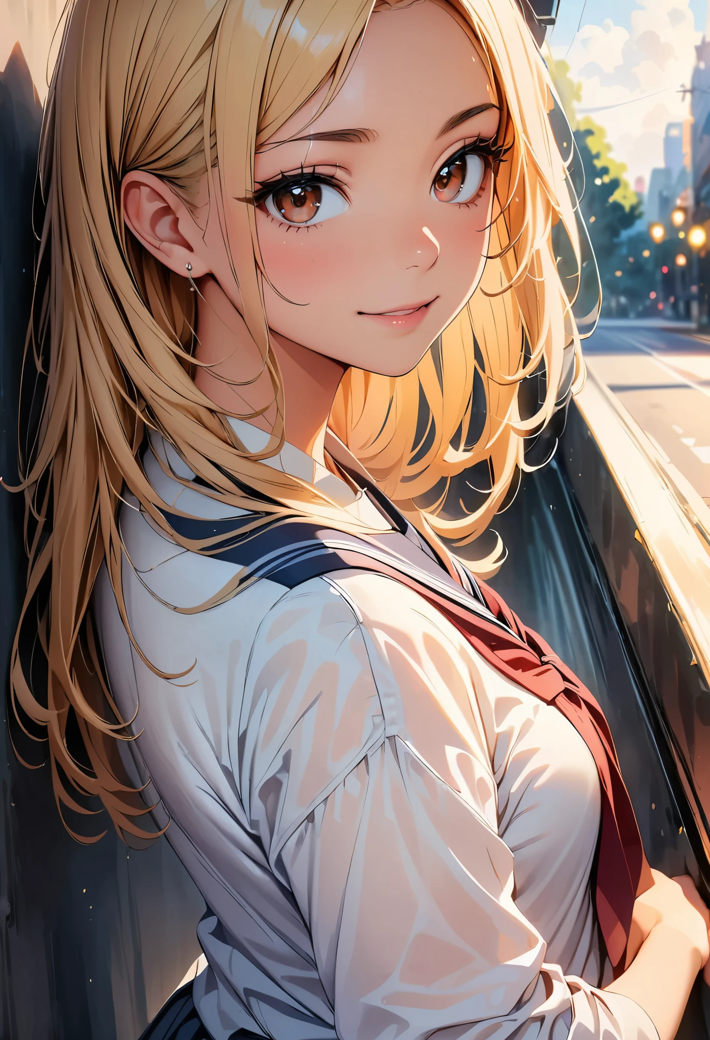 (highest quality, 4k, High resolution, masterpiece:1.2), Super detailed, (real, photorealistic:1.37), cinematic light, Bright colors and mesmerizing effects, Soft and delicate lighting, gentle shine, Lens flare, Beautiful and gentle atmosphere throughout the scene, 1 woman, JK, (blonde, long straight, reddish brown eyes), happy expression, Super detailedな顔, lip details, detailed eyes, double eyelid, turn around, stick out your butt:1.5, black socks, cowboy shot, school uniform, girls , shiny skin, perfect fingers, five fingers, anatomically correct, background bokeh, 500㎜, f/4, photo shoot,