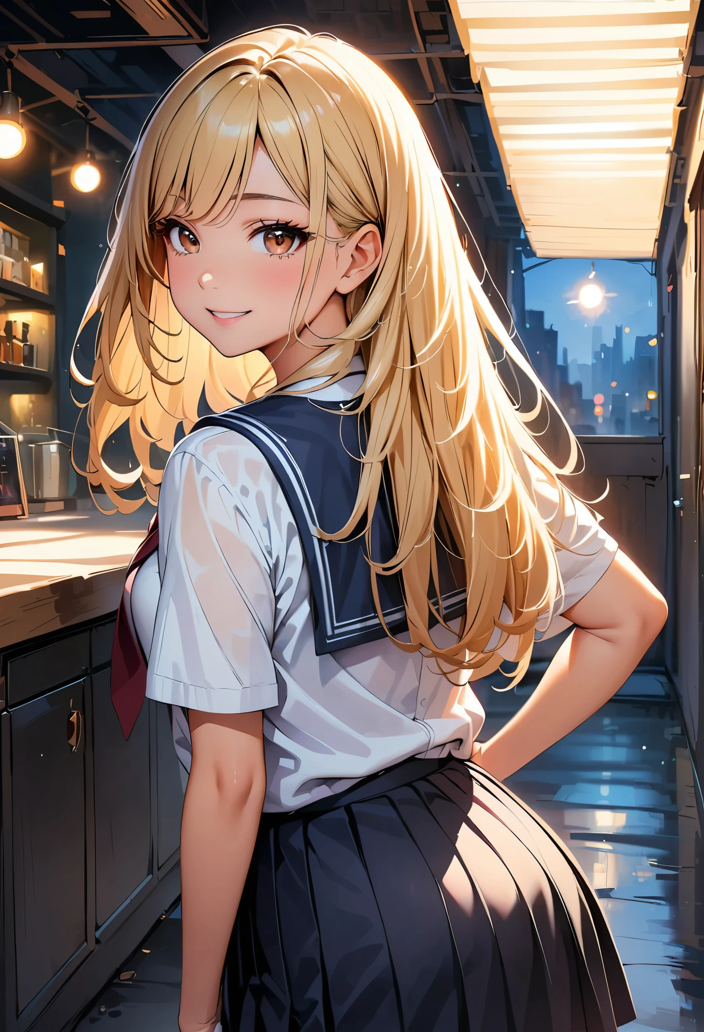 (highest quality, 4k, High resolution, masterpiece:1.2), Super detailed, (real, photorealistic:1.37), cinematic light, Bright colors and mesmerizing effects, Soft and delicate lighting, gentle shine, Lens flare, Beautiful and gentle atmosphere throughout the scene, 1 woman, JK, (blonde, long straight, reddish brown eyes), happy expression, Super detailedな顔, lip details, detailed eyes, double eyelid, turn around, stick out your butt:1.5, black socks, cowboy shot, school uniform, girls , shiny skin, perfect fingers, five fingers, anatomically correct, background bokeh, 500㎜, f/4, photo shoot,