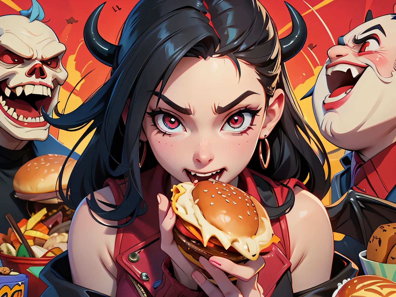 poster design,humor,glutton,I'm hungry,devil,sharp fangs,large amounts of junk food,Not doing anything,greedy,girl,I have a large hamburger in my hand