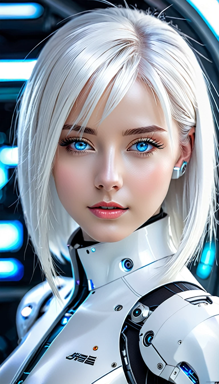 a woman in a white suit with blue eyes and a white hair, perfect android girl, portrait anime space cadet girl, beautiful female android, beautiful female android!, beutiful white girl cyborg, beautiful android woman, portrait of a female android, cyborg - girl with silver hair, portrait beautiful sci - fi girl, retrofuturistic female android, integrated synthetic android, cute cyborg girl