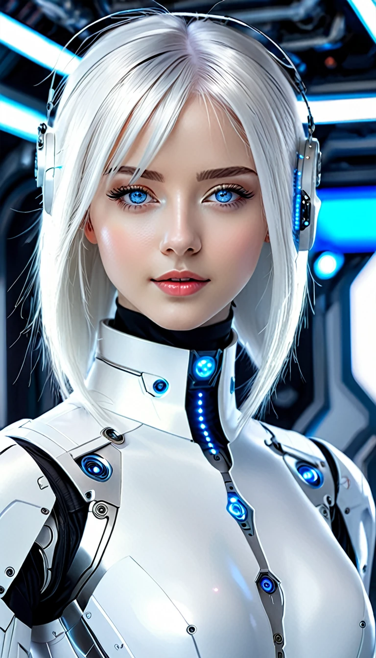 a woman in a white suit with blue eyes and a white hair, perfect android girl, portrait anime space cadet girl, beautiful female android, beautiful female android!, beutiful white girl cyborg, beautiful android woman, portrait of a female android, cyborg - girl with silver hair, portrait beautiful sci - fi girl, retrofuturistic female android, integrated synthetic android, cute cyborg girl